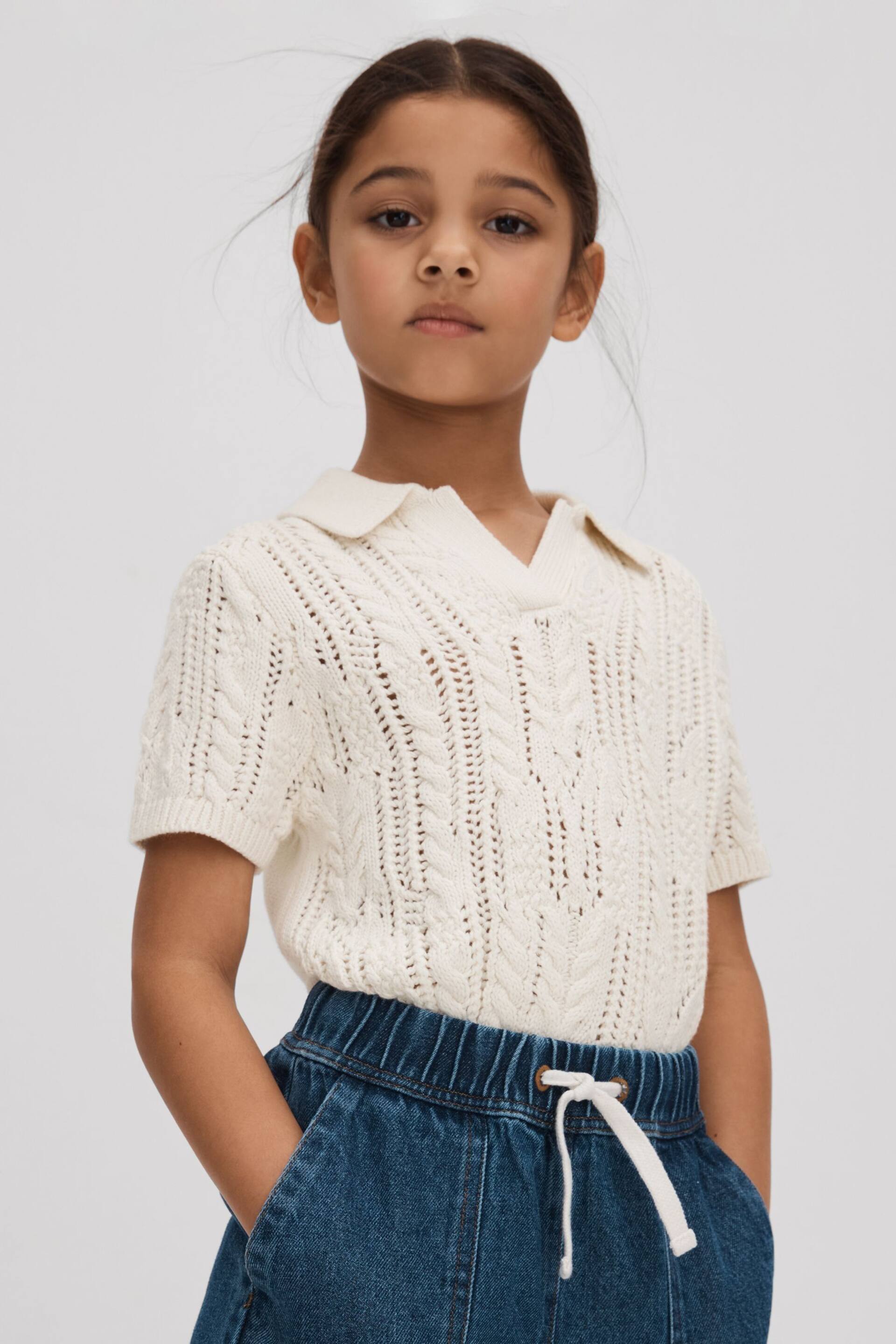 Reiss Ecru Eula Teen Crochet Open Collar Polo Shirt - Image 2 of 4