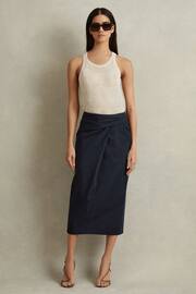 Reiss Navy Nadia Cotton Blend Wrap Front Midi Skirt - Image 1 of 5