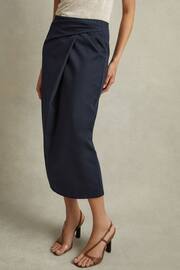 Reiss Navy Nadia Cotton Blend Wrap Front Midi Skirt - Image 3 of 5