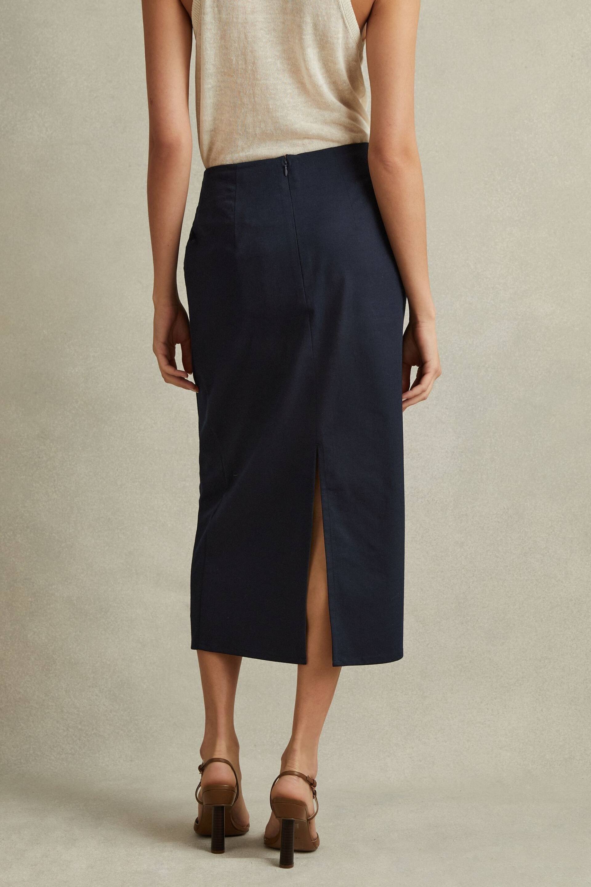 Reiss Navy Nadia Cotton Blend Wrap Front Midi Skirt - Image 4 of 5