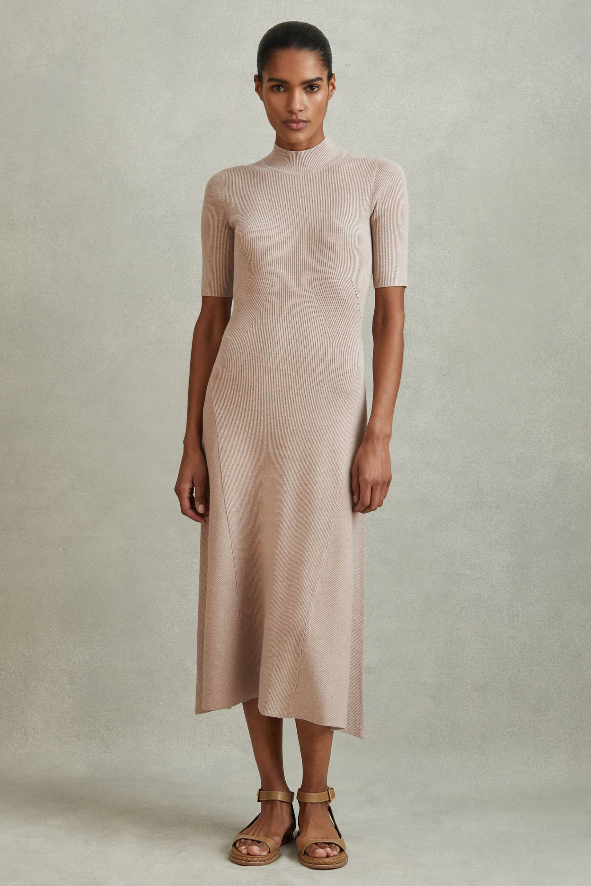 Reiss Neutral Caitlyn Ribbed Bodycon Midi Dress - Image 1 of 4