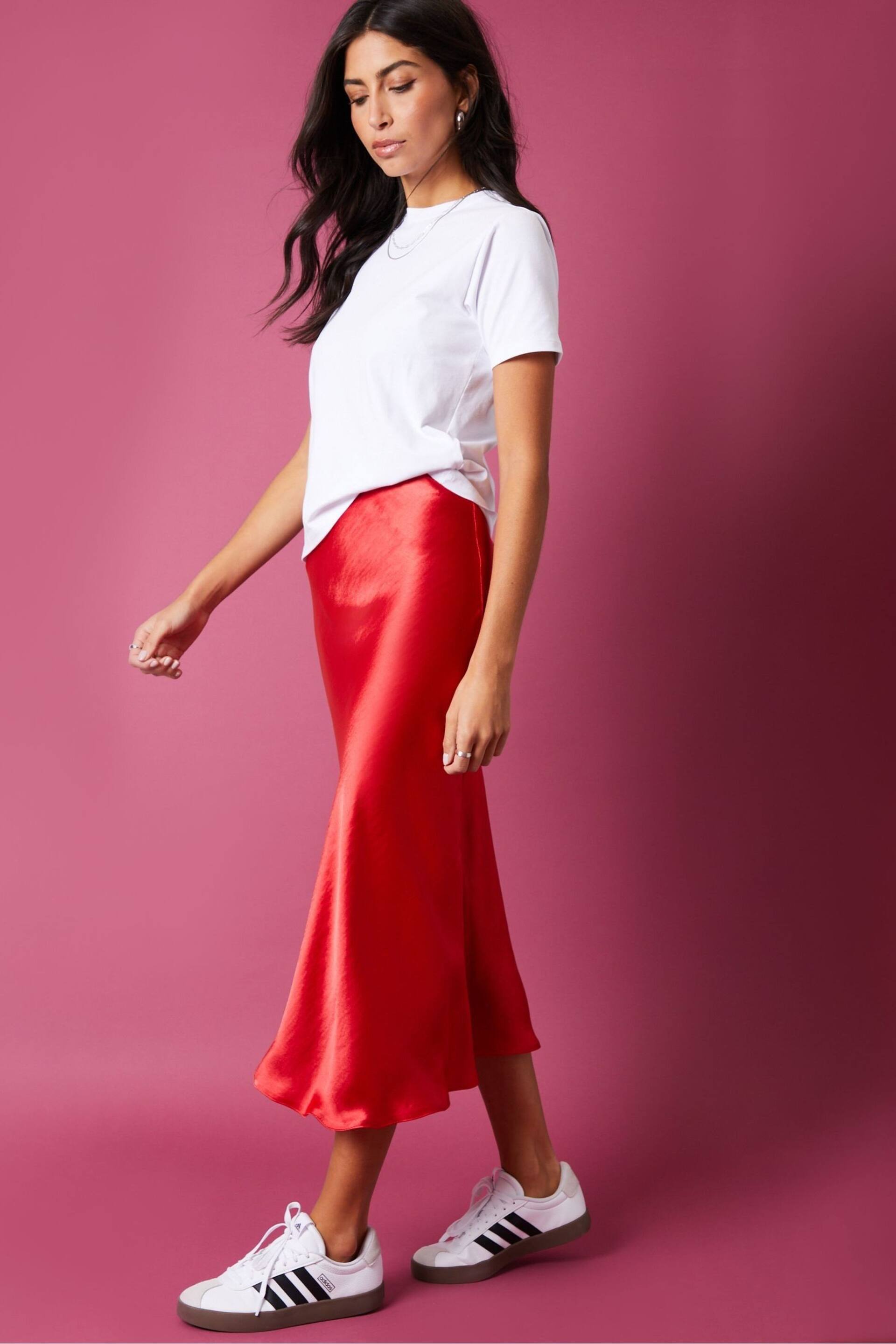 Threadbare Red Satin Midi Skirt - Image 1 of 5