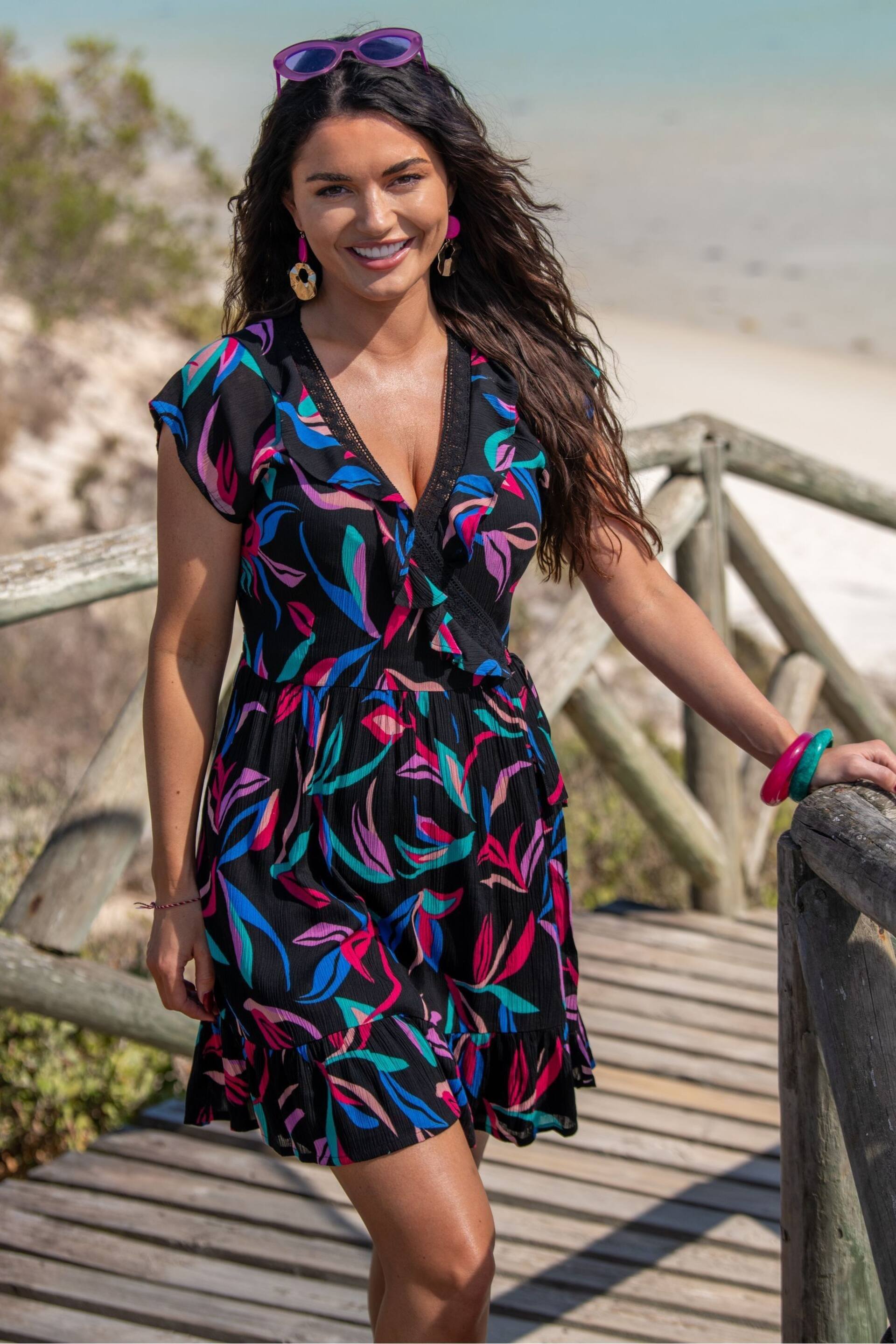 Pour Moi Black LENZING™ ECOVERO™ Viscose Crinkle Frill Wrap Beach Dress - Image 1 of 4