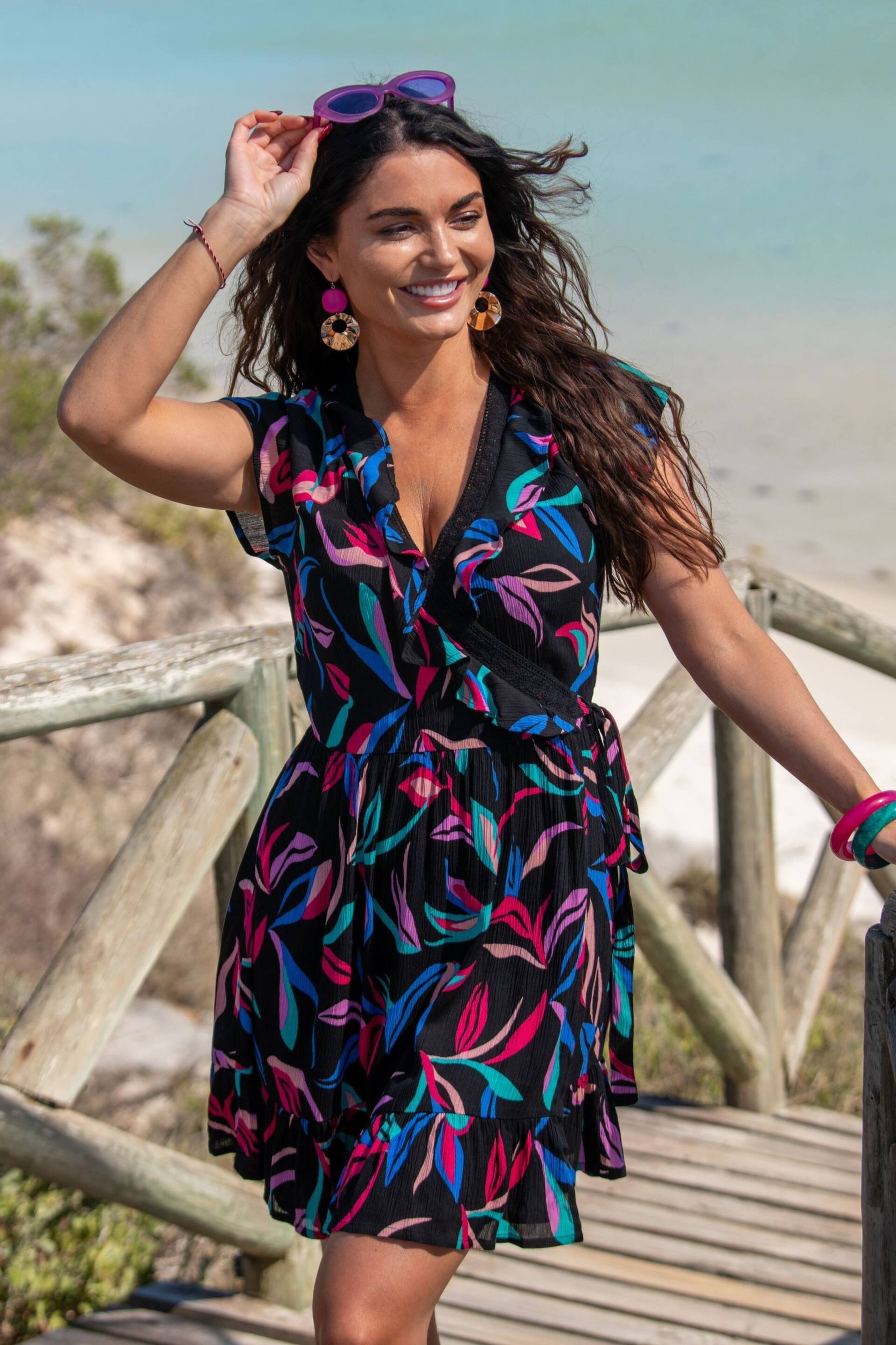 Pour Moi Black LENZING™ ECOVERO™ Viscose Crinkle Frill Wrap Beach Dress - Image 2 of 4