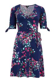 Pour Moi Navy Blue Floral Bella Fuller Bust Slinky Stretch Tie Sleeve Mini Dress - Image 3 of 4