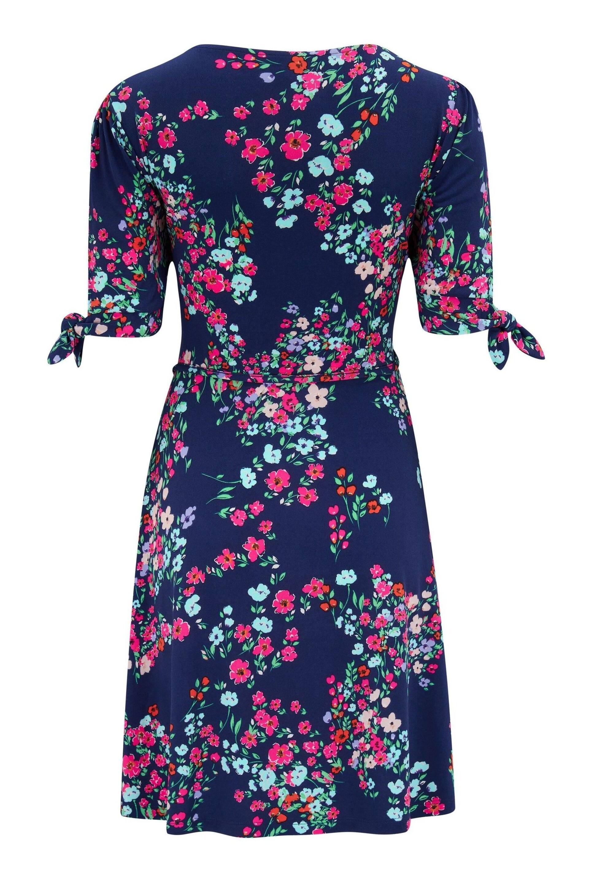 Pour Moi Navy Blue Floral Bella Fuller Bust Slinky Stretch Tie Sleeve Mini Dress - Image 4 of 4