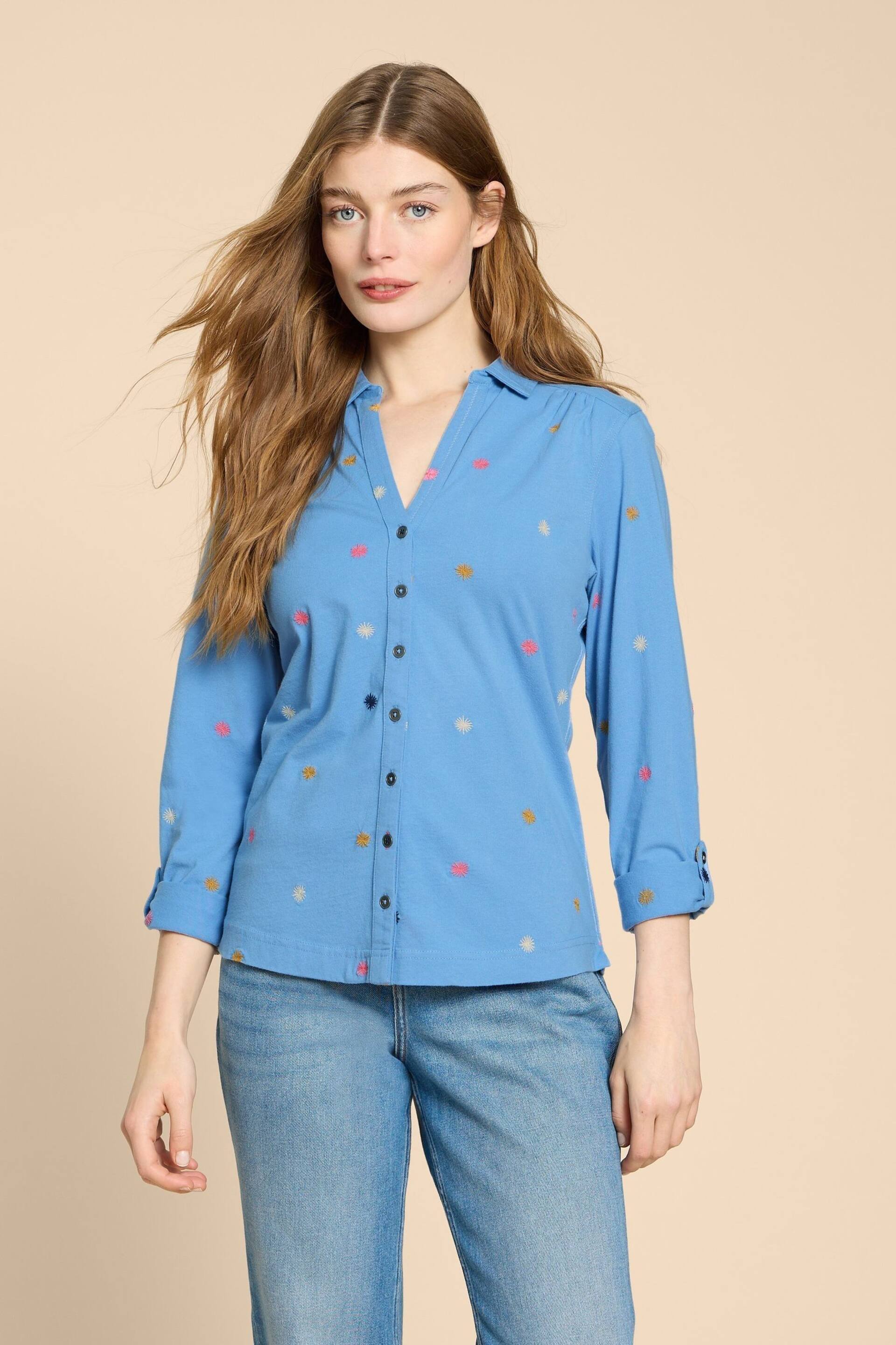 White Stuff Blue Annie Embroidered Jersey Shirt - Image 1 of 7