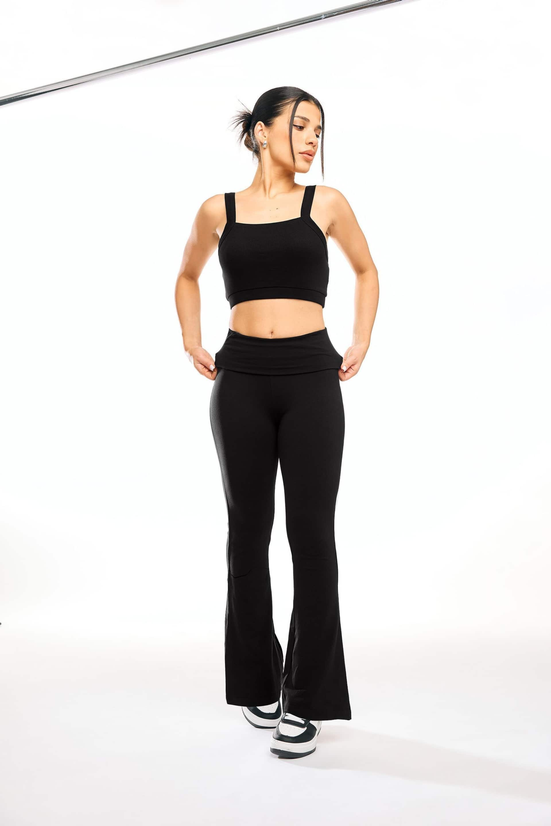 PixieGirl Petite Black Fold Over Waist Flared Leggings - Image 1 of 5