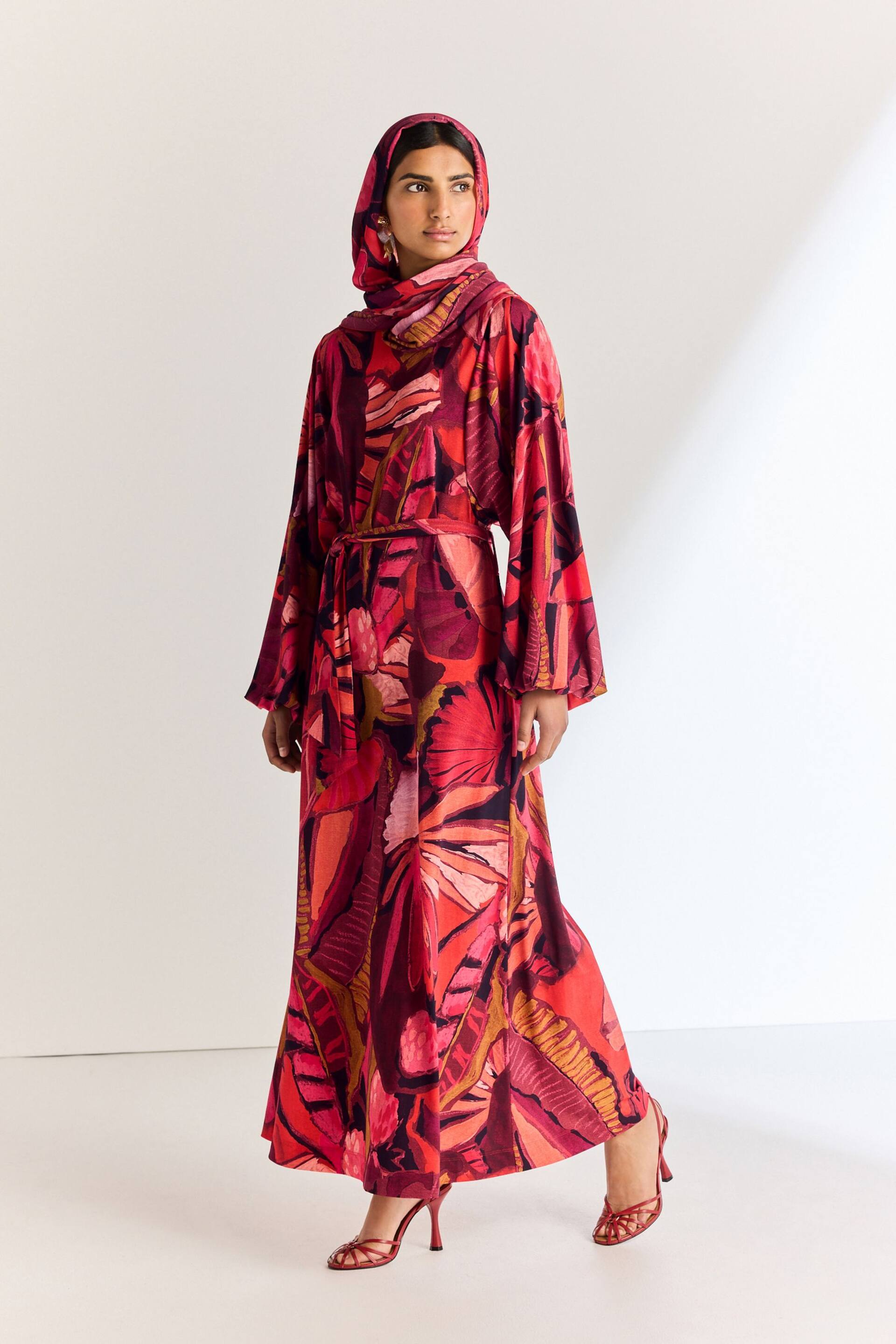Red Print Long Sleeve Scarf Maxi Dress - Image 1 of 6