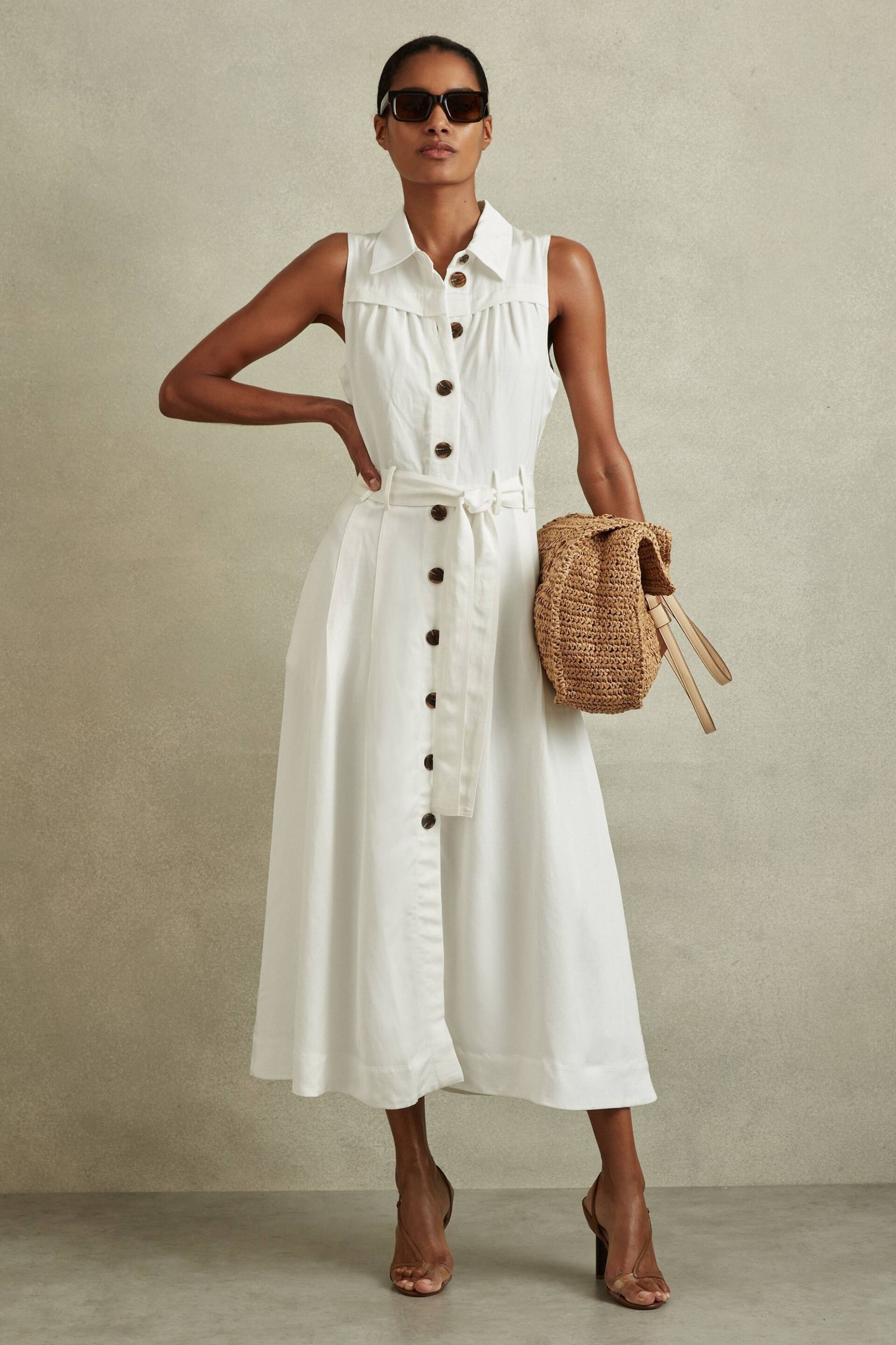Reiss White Heidi Petite Viscose Linen Belted Midi Dress - Image 3 of 7
