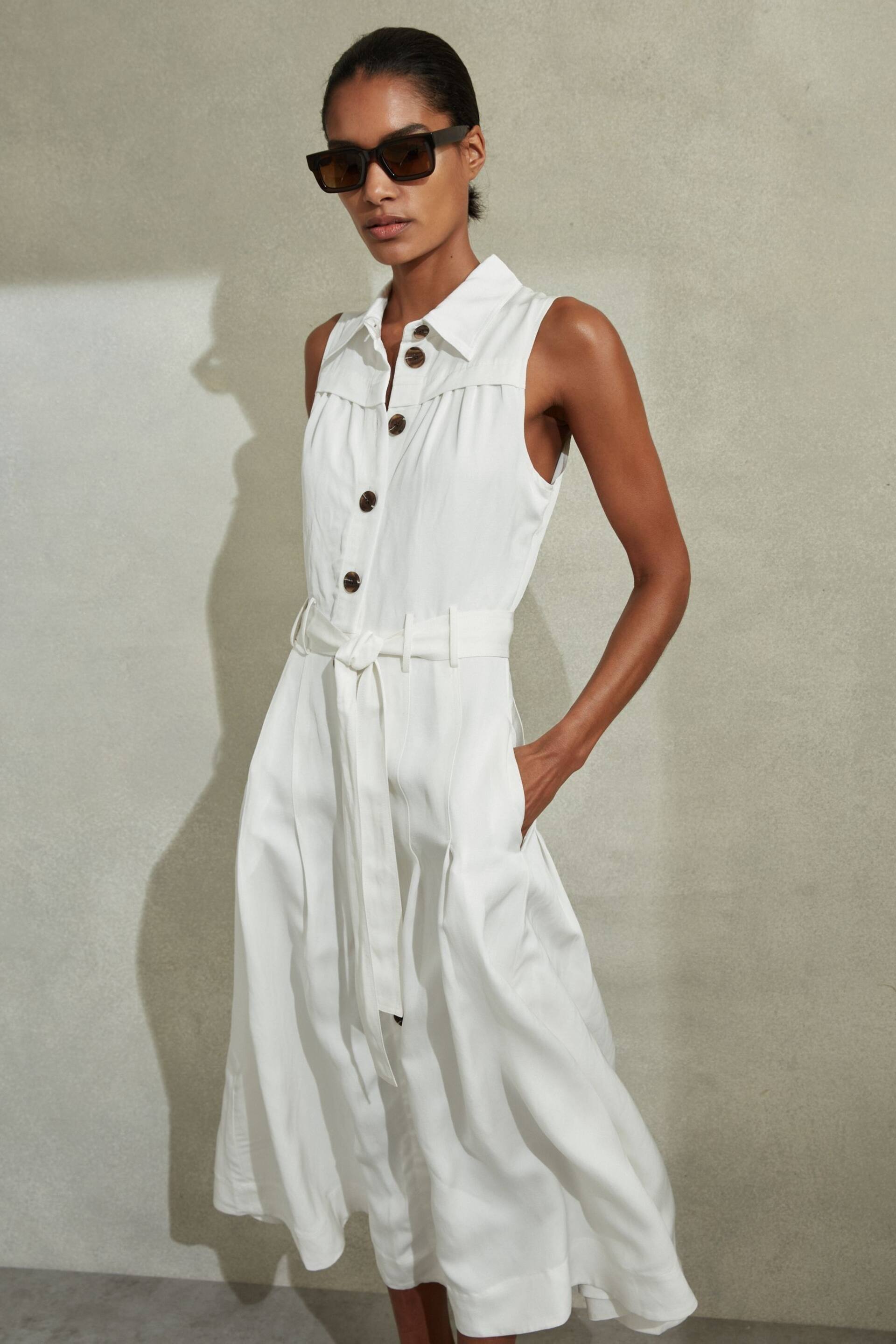 Reiss White Heidi Petite Viscose Linen Belted Midi Dress - Image 4 of 7