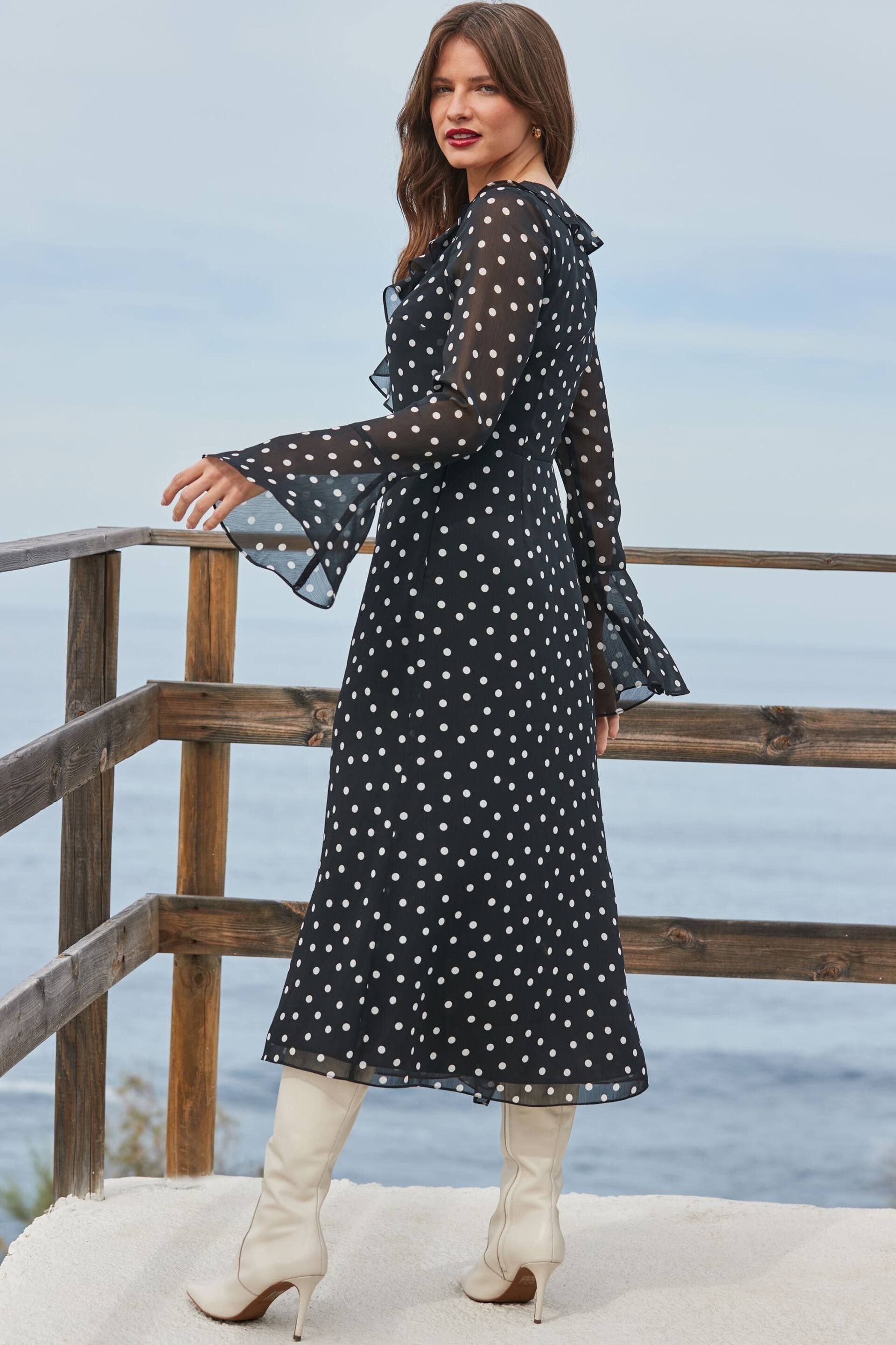Sosandar Black Asymmetric Frill Midaxi Dress With Fluted Cuff - Image 3 of 6