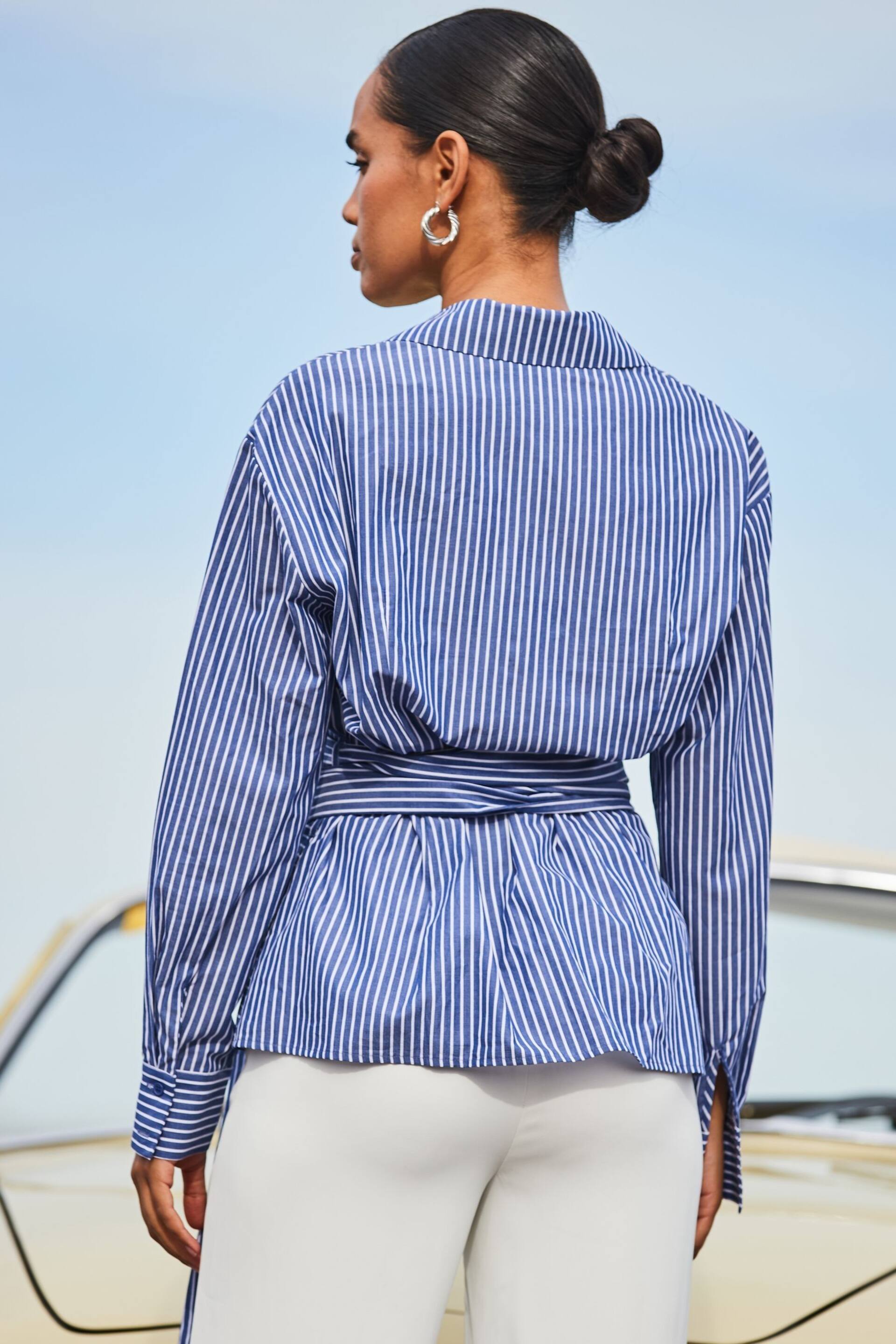 Sosandar Blue Stripe Twist Wrap Shirt - Image 3 of 6
