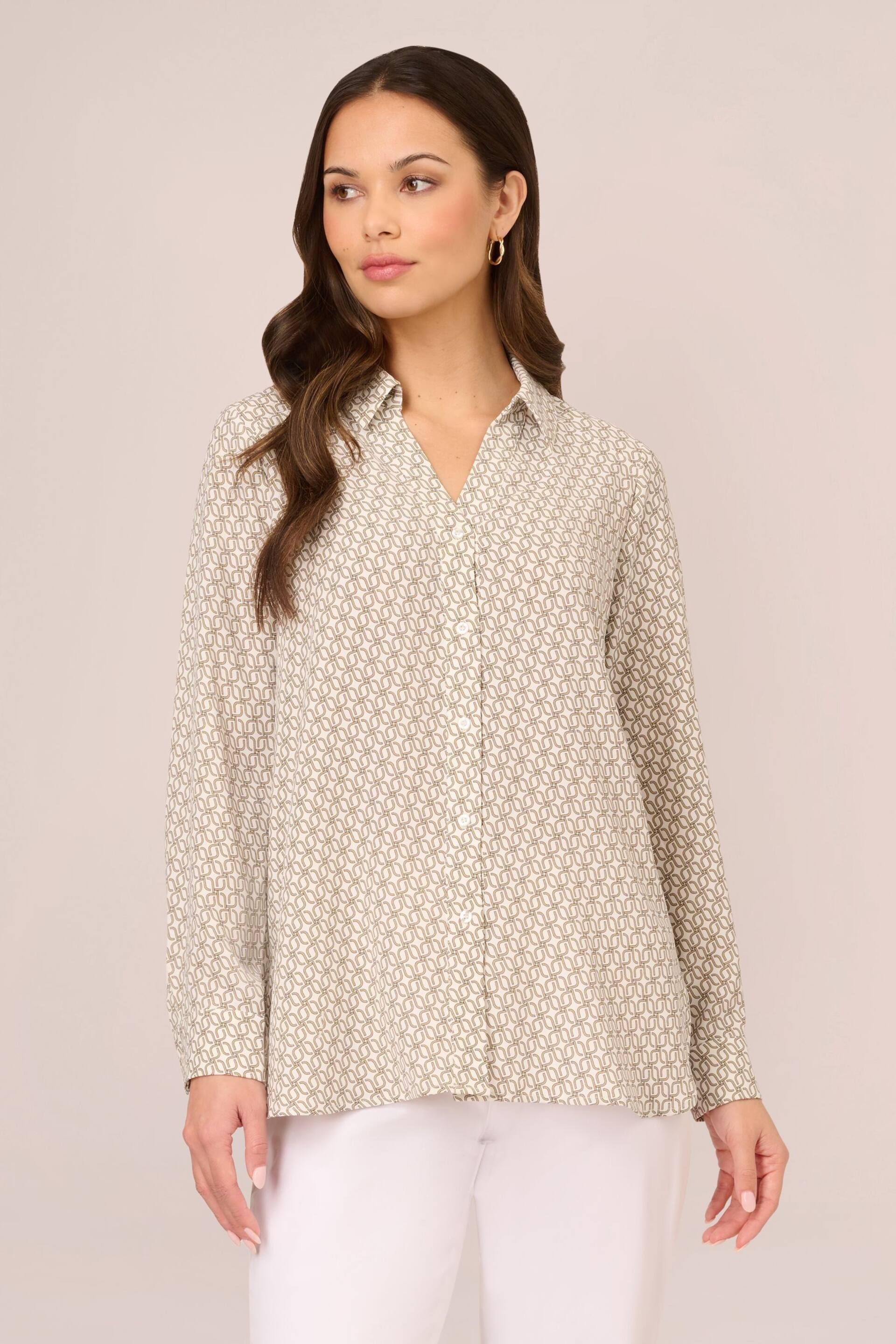 Adrianna Papell Natural Printed Texture Airflow Woven Long Sleeve V-Collar Shirt - Image 1 of 7