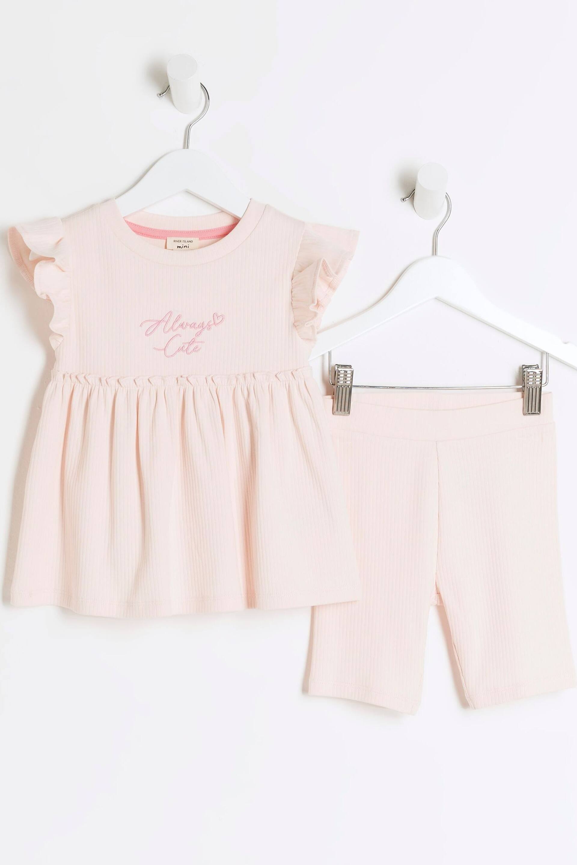 River Island Pink Girls Ribbed Peplum Shorts Set - Image 1 of 4