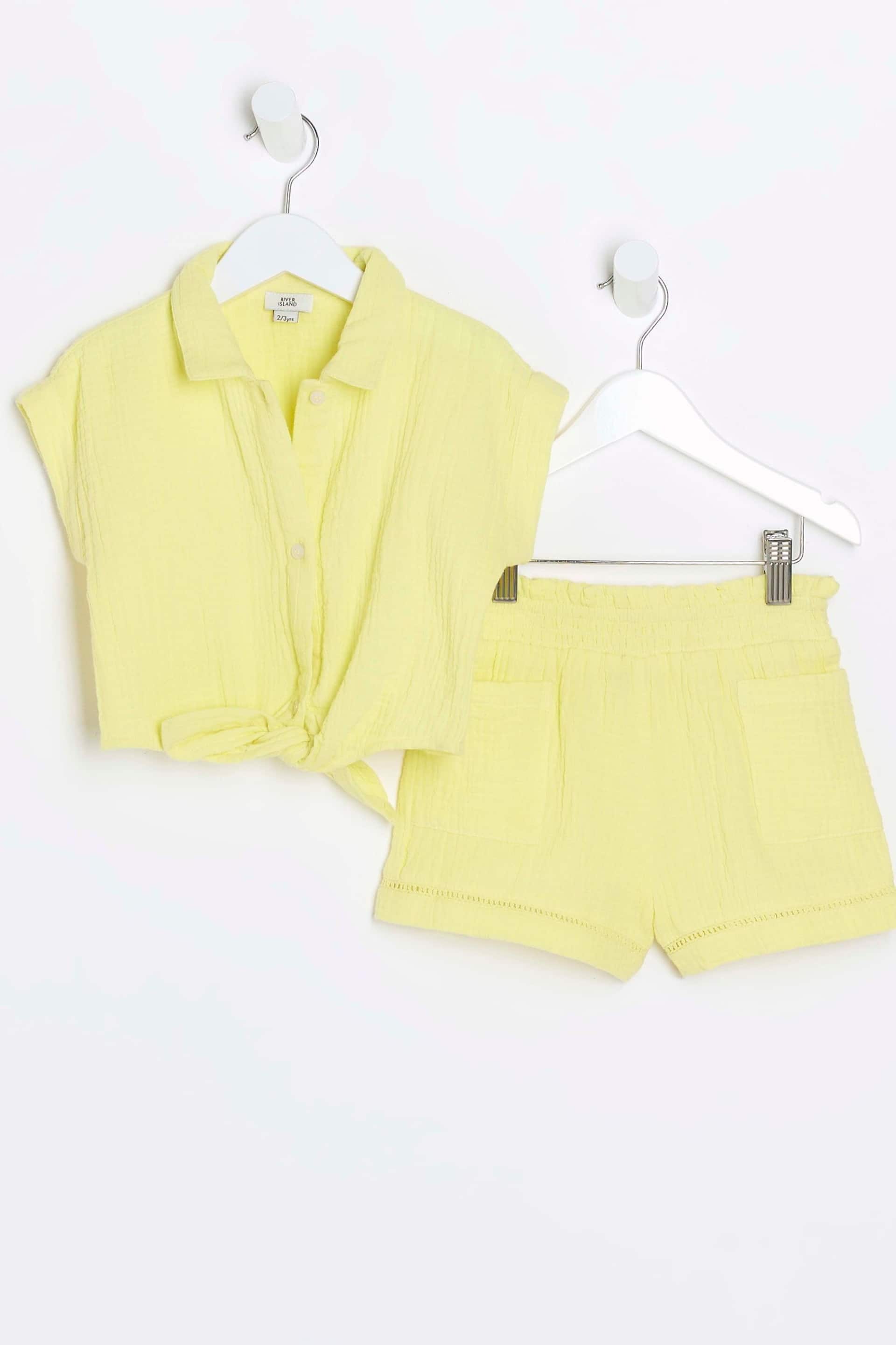 River Island Yellow Mini Girls Linen Tie Front Set - Image 1 of 5