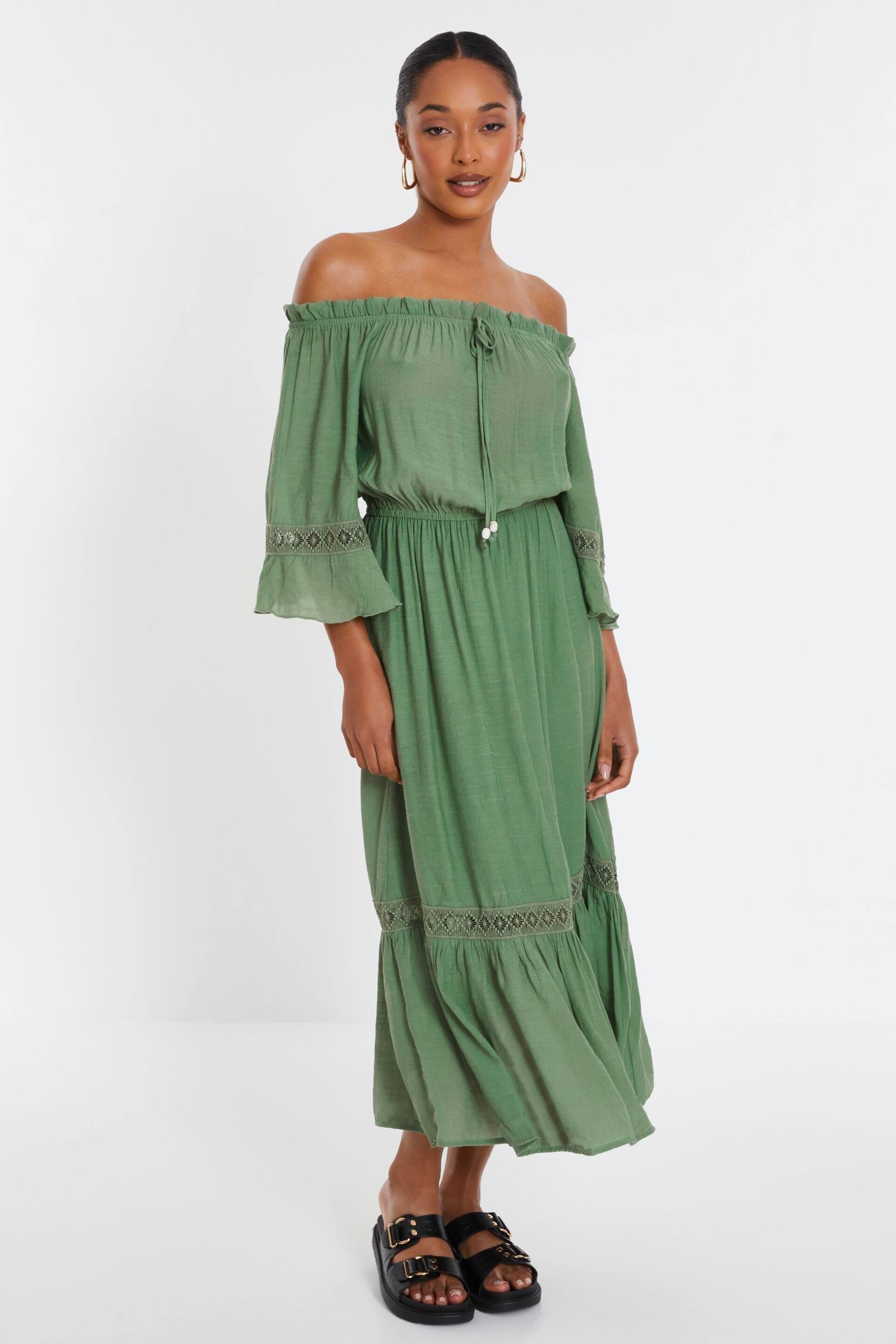 Quiz Green Khaki Bardot Crochet Insert Maxi Dress - Image 1 of 4