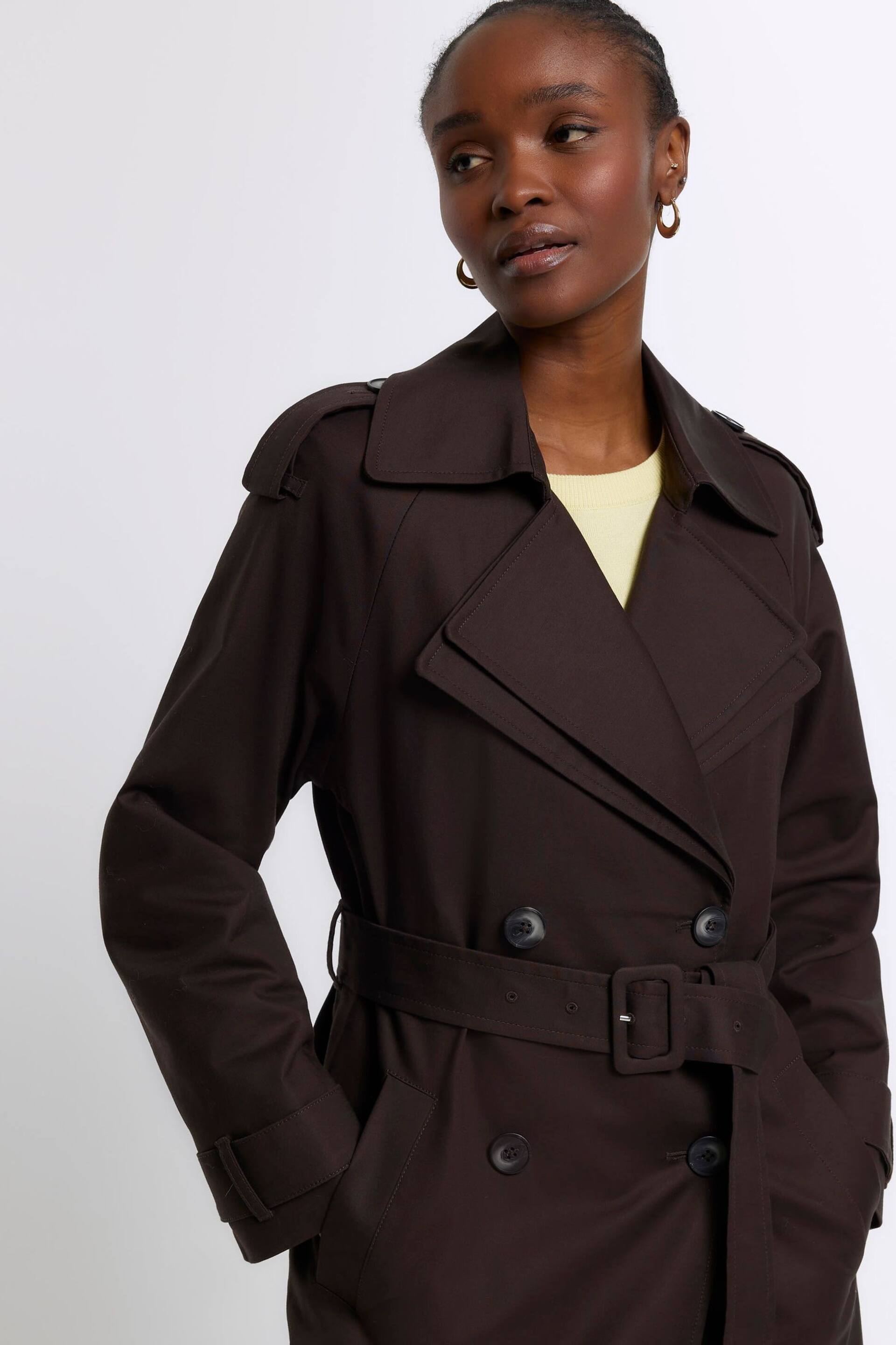 River Island Brown Double Collar Belted Trench Coat - Image 4 of 5