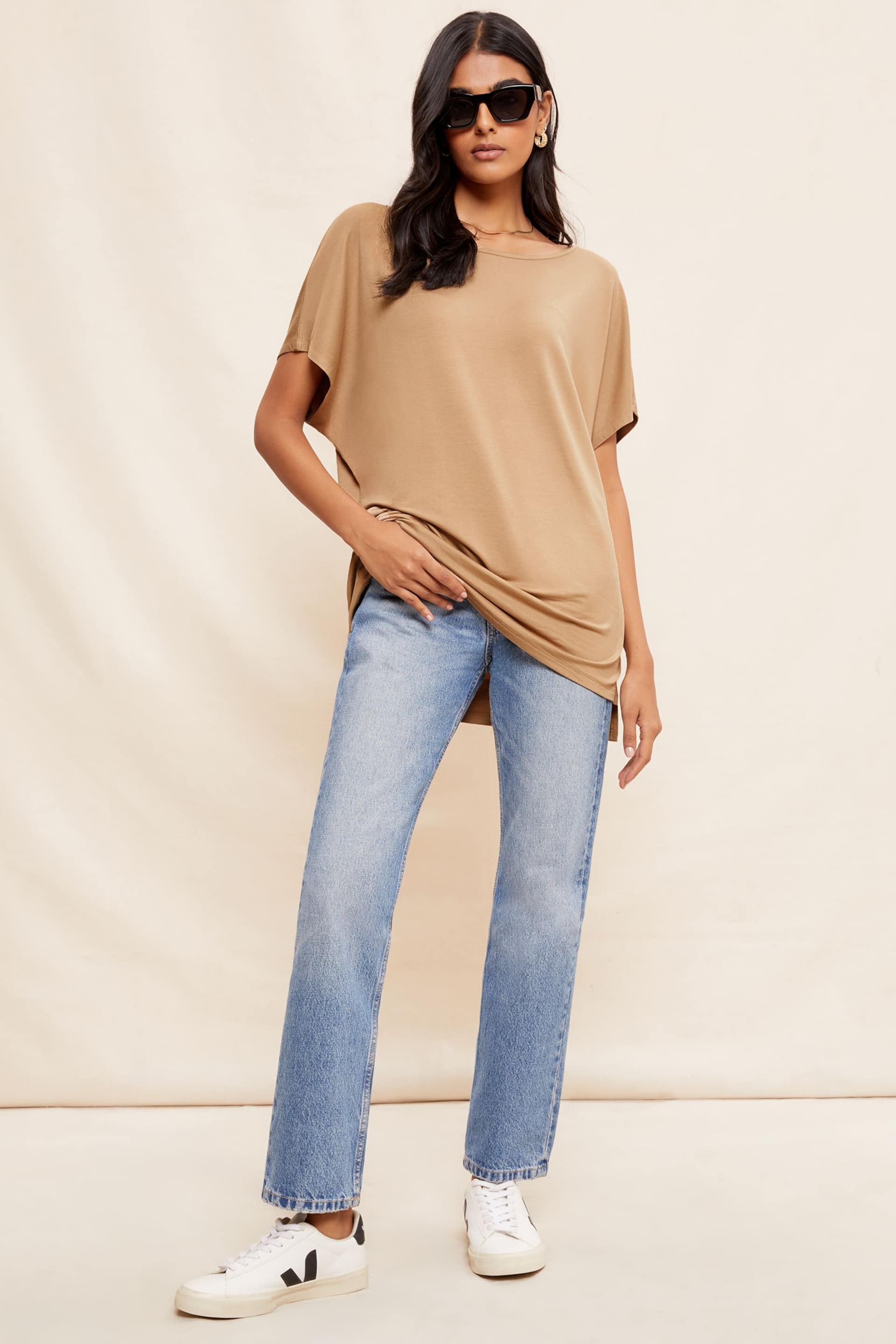 Friends Like These Brown Petite Soft Jersey Short Sleeve Slash Neck Tunic - Image 1 of 4
