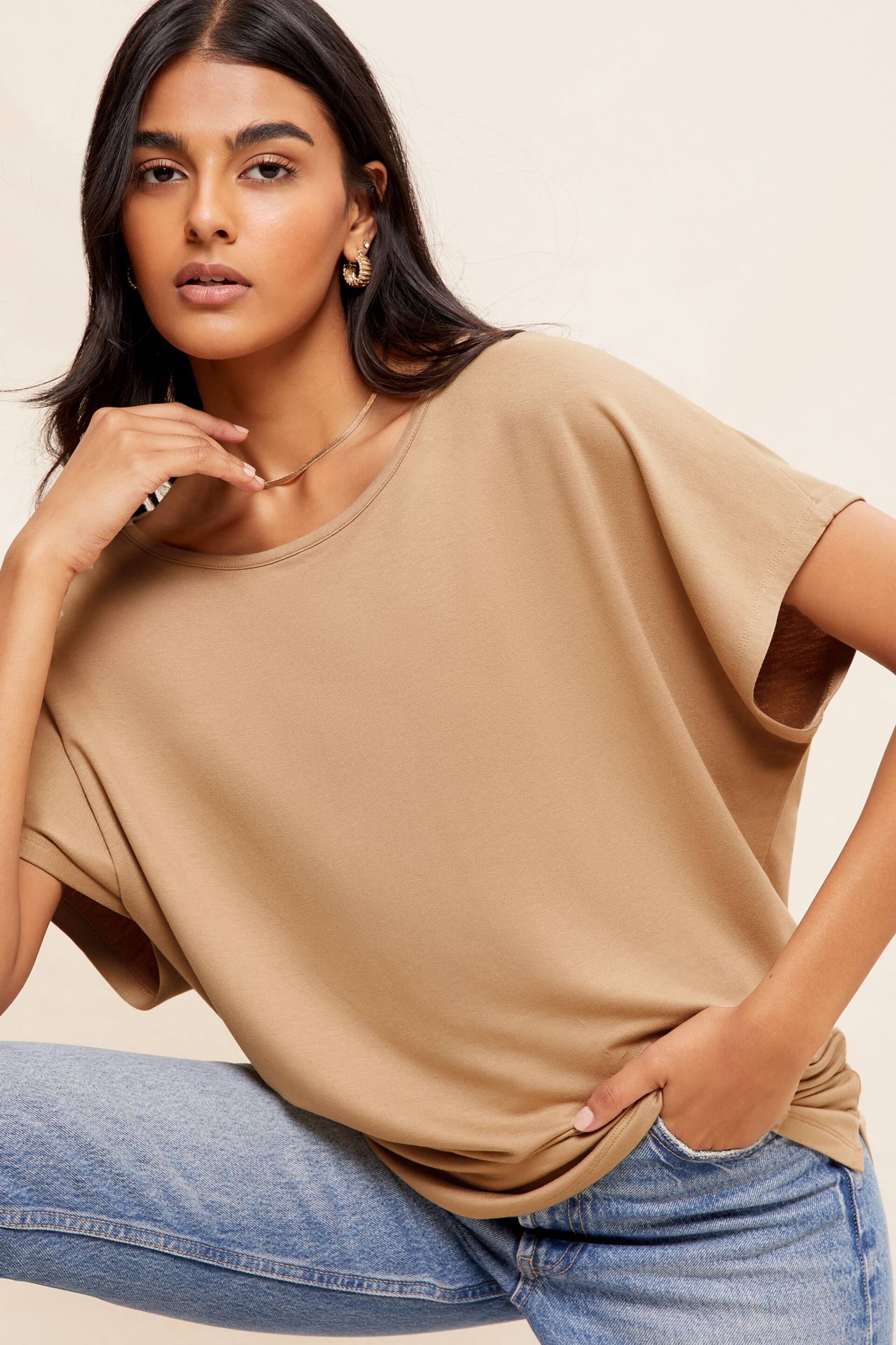 Friends Like These Brown Petite Soft Jersey Short Sleeve Slash Neck Tunic - Image 2 of 4