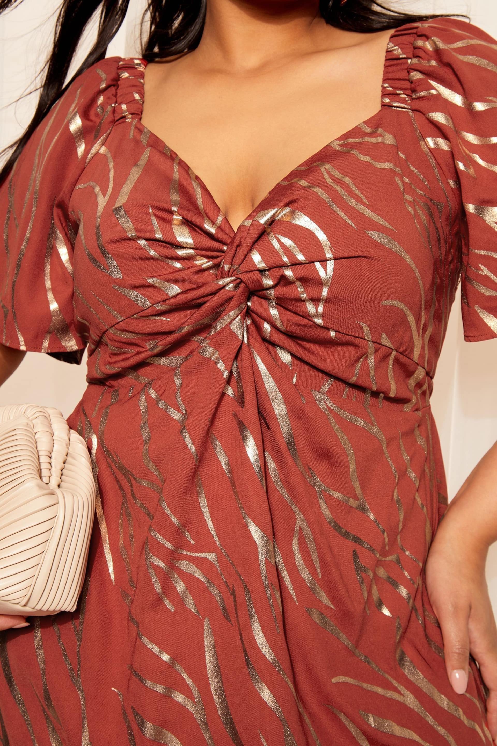Curves Like These Brown Twist Front Flutter Sleeve Metallic Midi Dress - Image 2 of 4