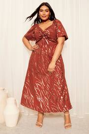 Curves Like These Brown Twist Front Flutter Sleeve Metallic Midi Dress - Image 3 of 4