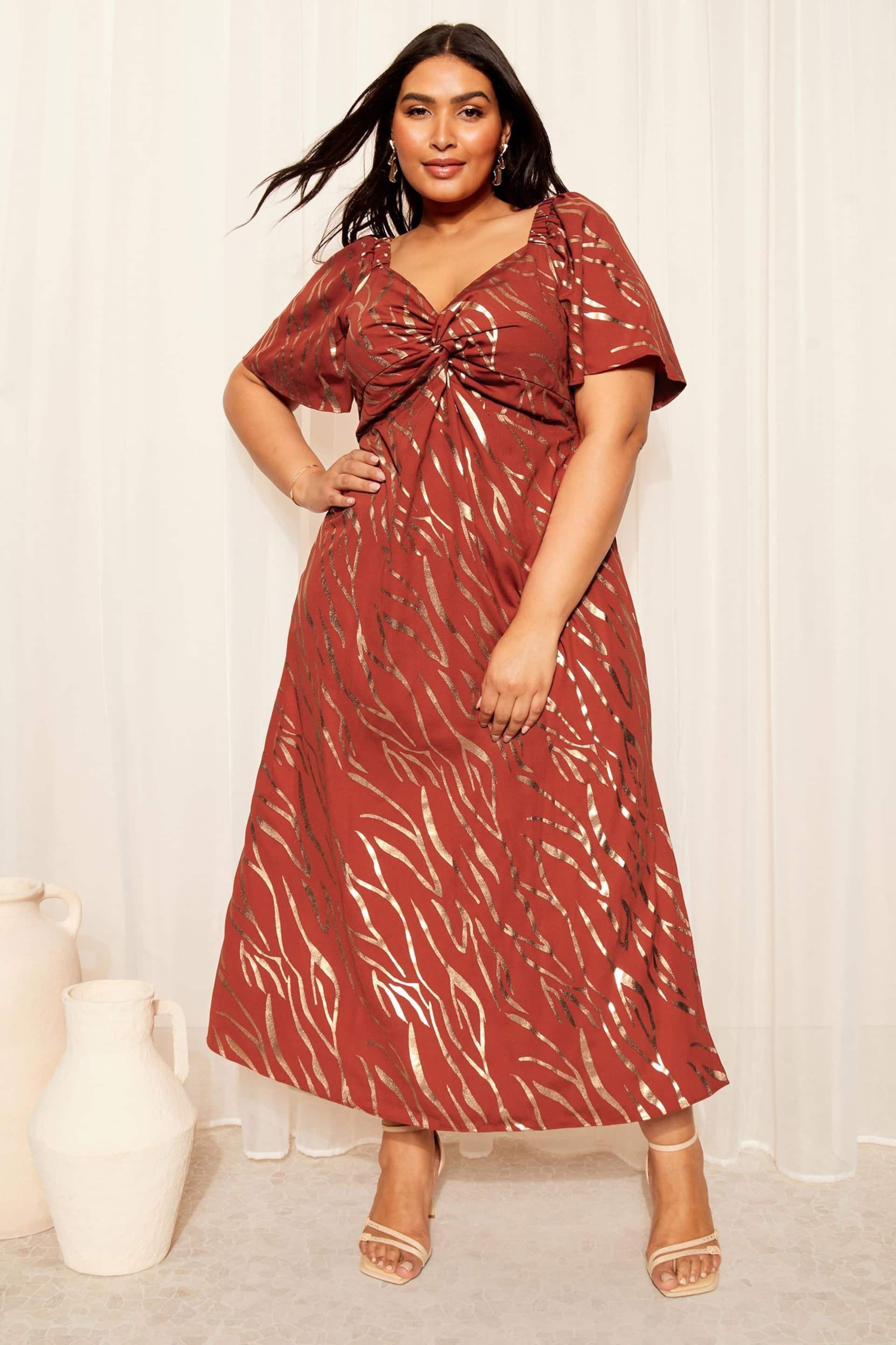 Curves Like These Brown Twist Front Flutter Sleeve Metallic Midi Dress - Image 3 of 4