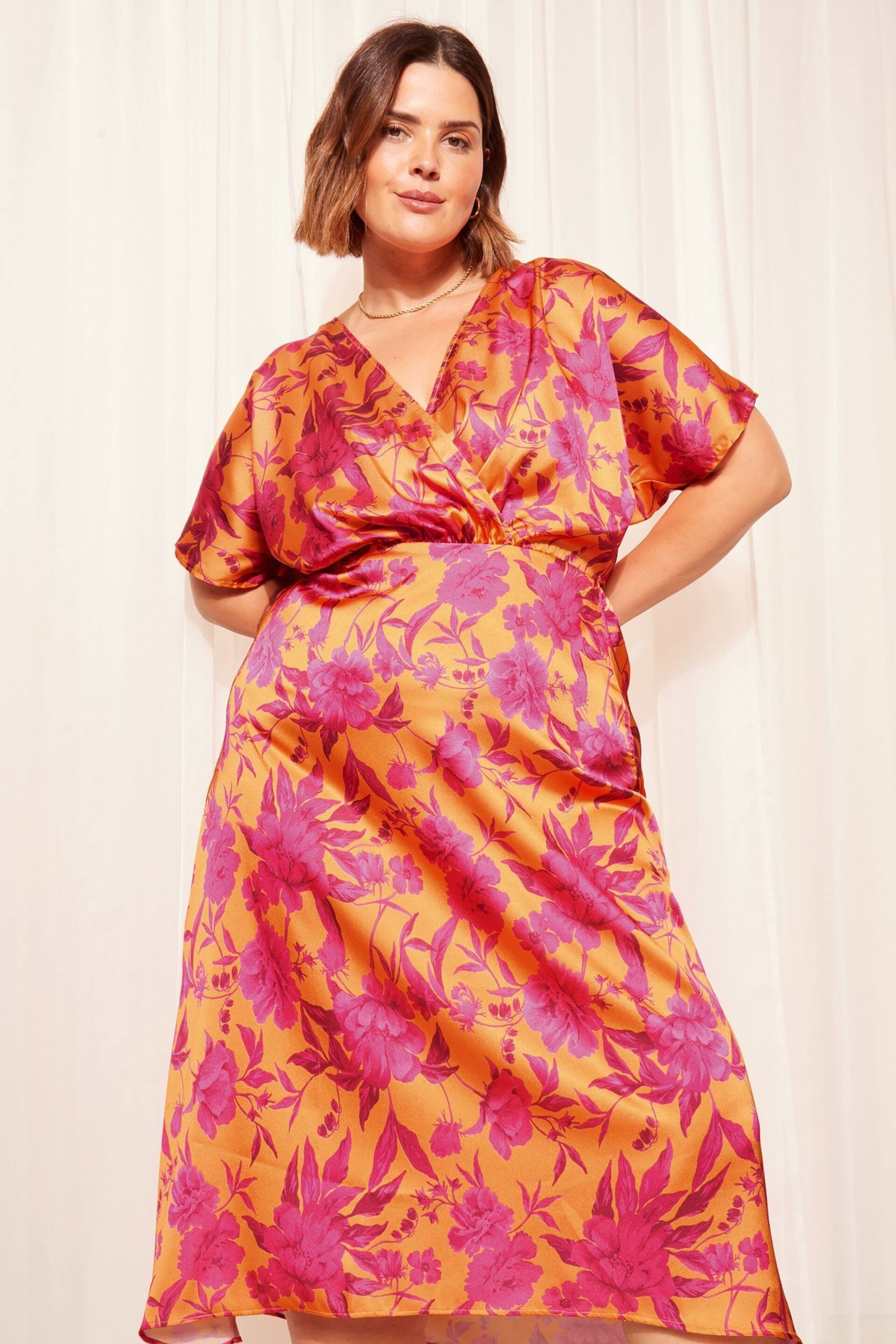 Curves Like These Orange Satin Short Sleeve Wrap Midi Dress - Image 3 of 4