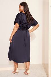 Curves Like These Navy Blue Satin Short Sleeve Wrap Midi Dress - Image 4 of 4
