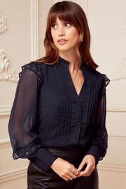 Love & Roses Navy Blue V Neck Pintuck Eyelet Blouse - Image 1 of 4