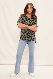 Friends Like These Khaki Green Leopard Animal Petite Short Sleeve V Neck Tunic Top - Image 3 of 4