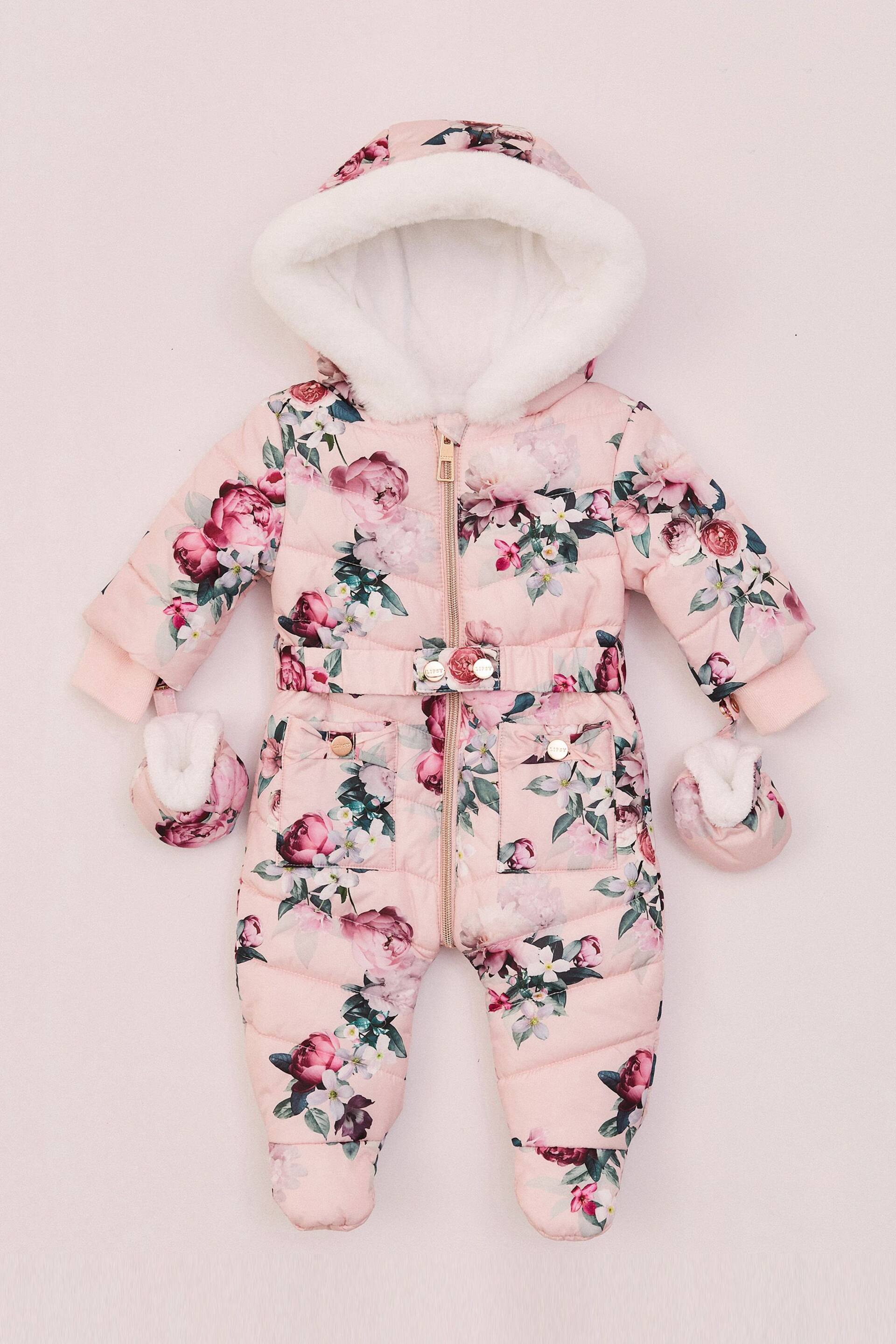 Lipsy Pink Floral Fleece Lined Baby Snowsuit - Image 4 of 5