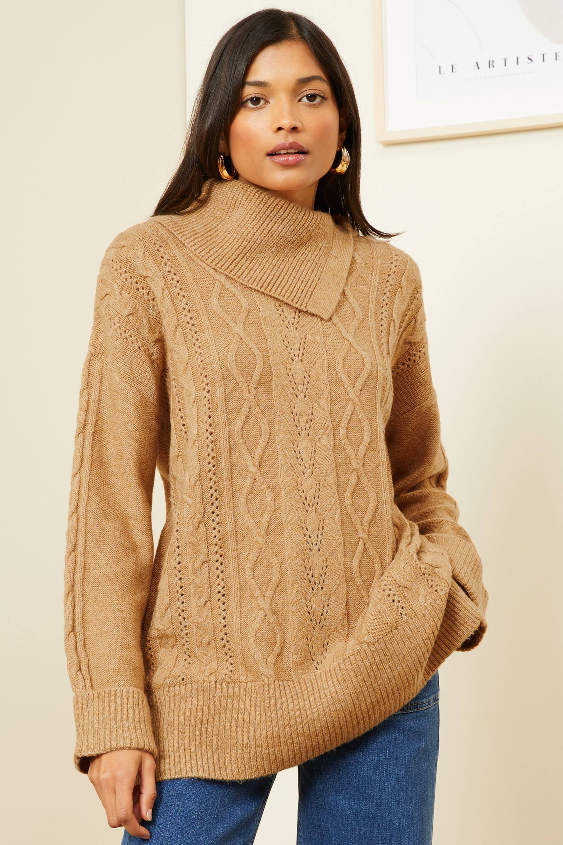 Love & Roses Camel Envelope Neck Cable Knit Jumper - Image 1 of 4