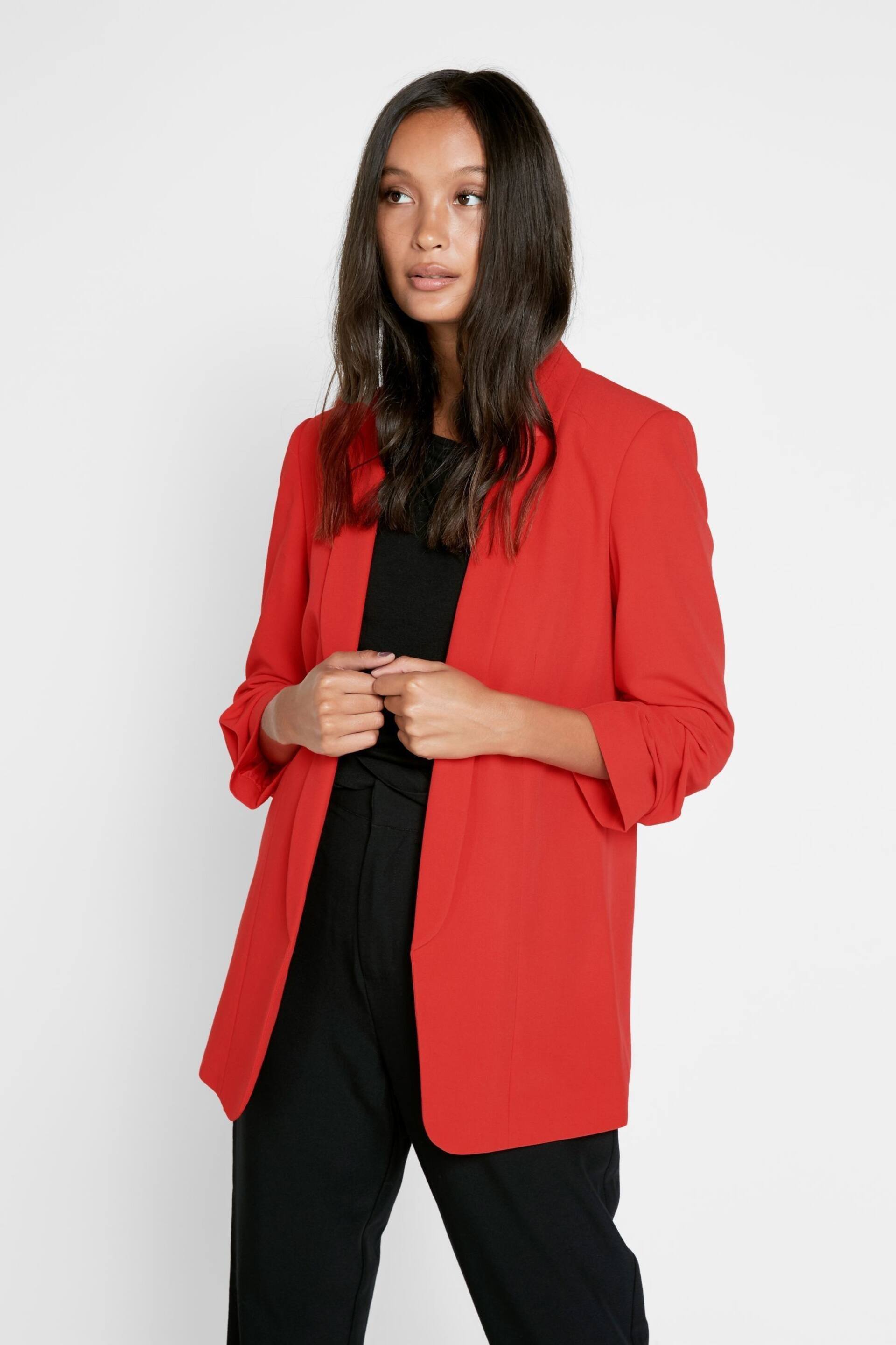 Pieces Red Relaxed Ruched Sleeve Workwear Blazer - Image 1 of 5