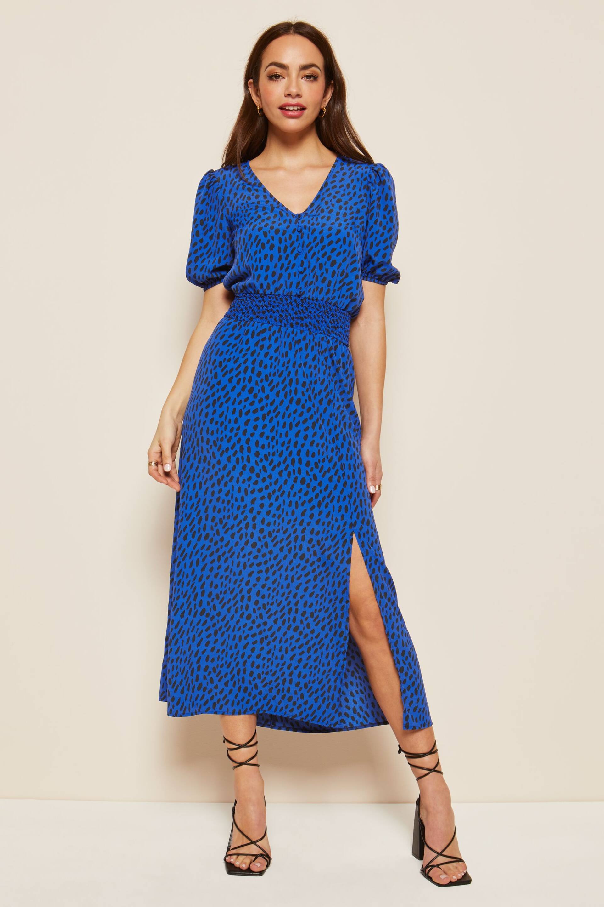 Friends Like These Cobalt Blue Puff Sleeve Ruched Waist V Neck Midi Summer Dress - Image 1 of 4