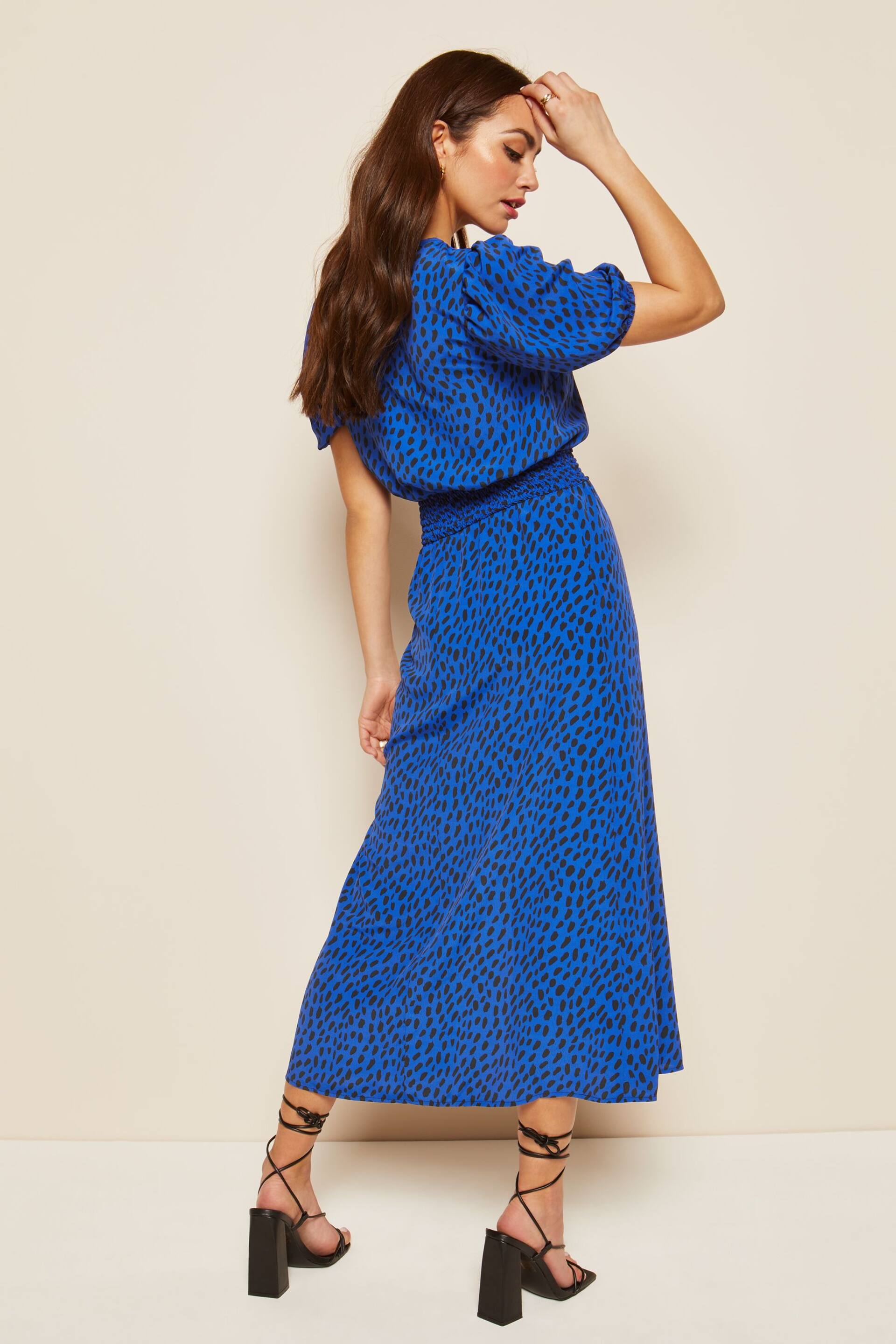 Friends Like These Cobalt Blue Puff Sleeve Ruched Waist V Neck Midi Summer Dress - Image 2 of 4