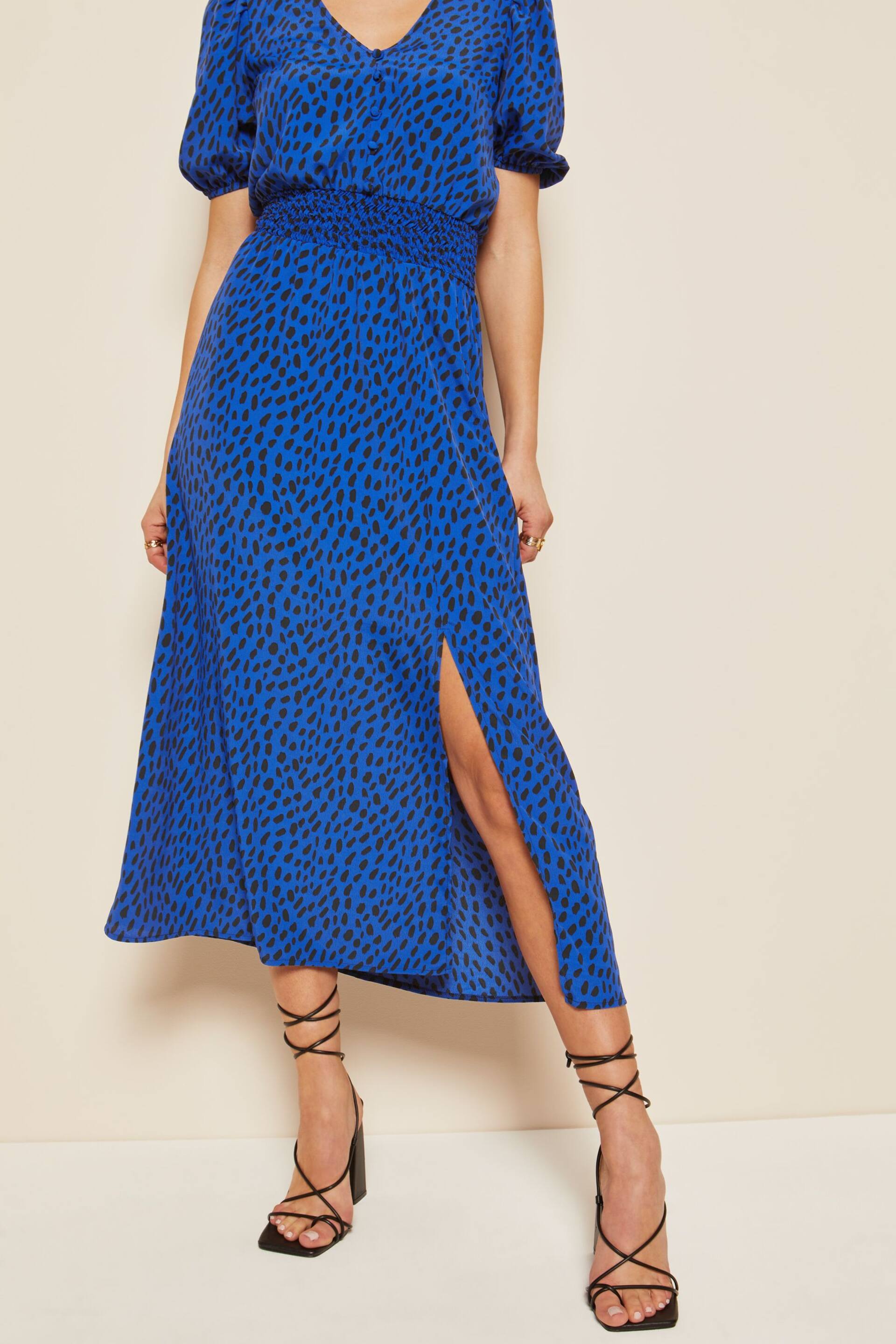 Friends Like These Cobalt Blue Puff Sleeve Ruched Waist V Neck Midi Summer Dress - Image 4 of 4