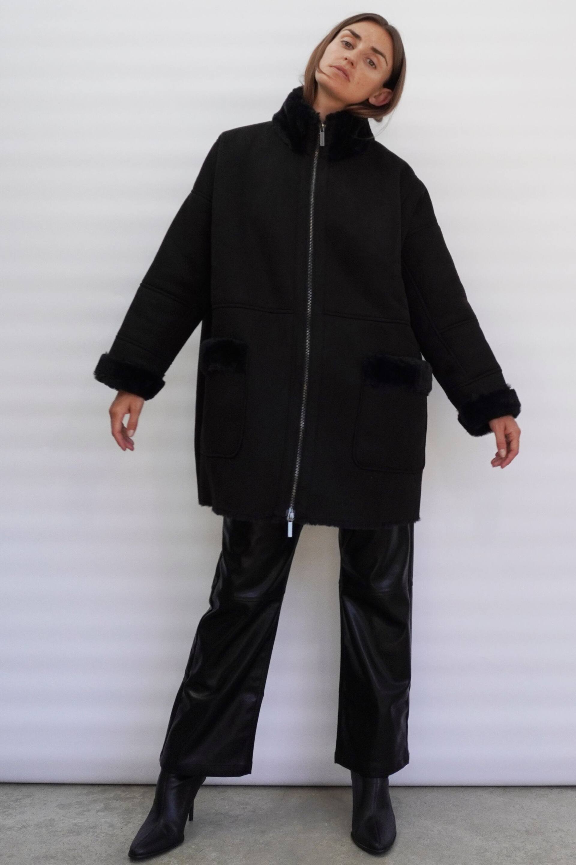 Religion Black Faux Sheepskin Radiant Zip Coat With Patch Pockets - Image 4 of 5