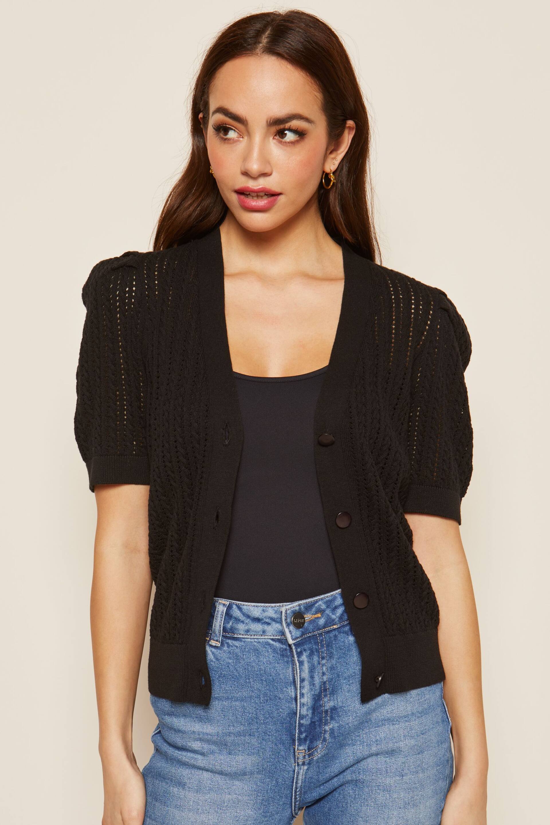 Friends Like These Black Short Sleeve Button Up Pointelle Knitted Cardigan - Image 1 of 4