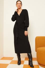 Love & Roses Black Knitted Scallop Wrap Over Jumper Dress - Image 1 of 4