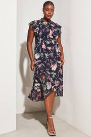 Lipsy Navy Printed Curve Printed Keyhole Ruffle Fit and Flare Midi Dress - Image 1 of 4