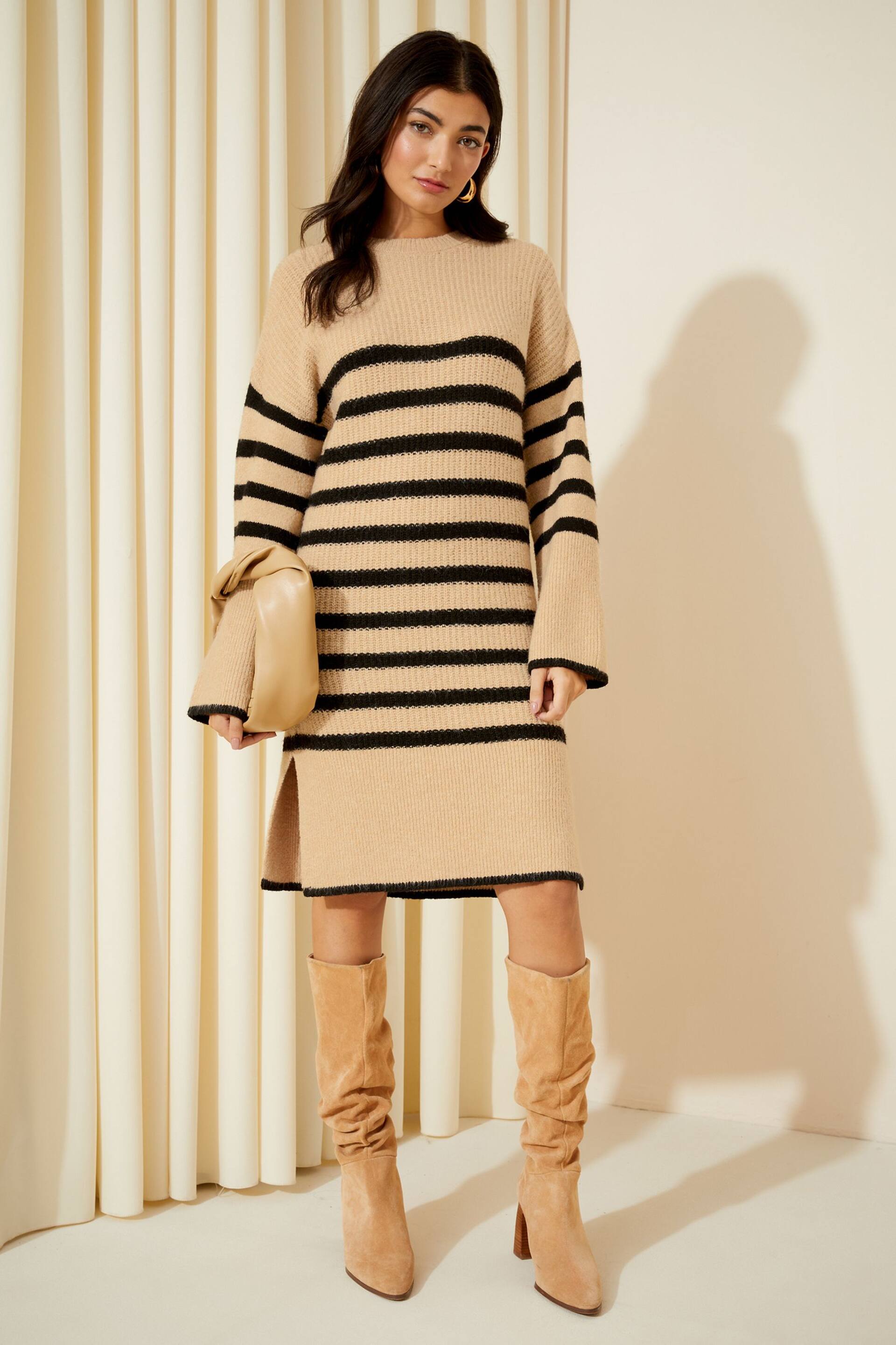 Friends Like These Camel stripe Striped Knitted Long Sleeve Jumper Dress - Image 1 of 4