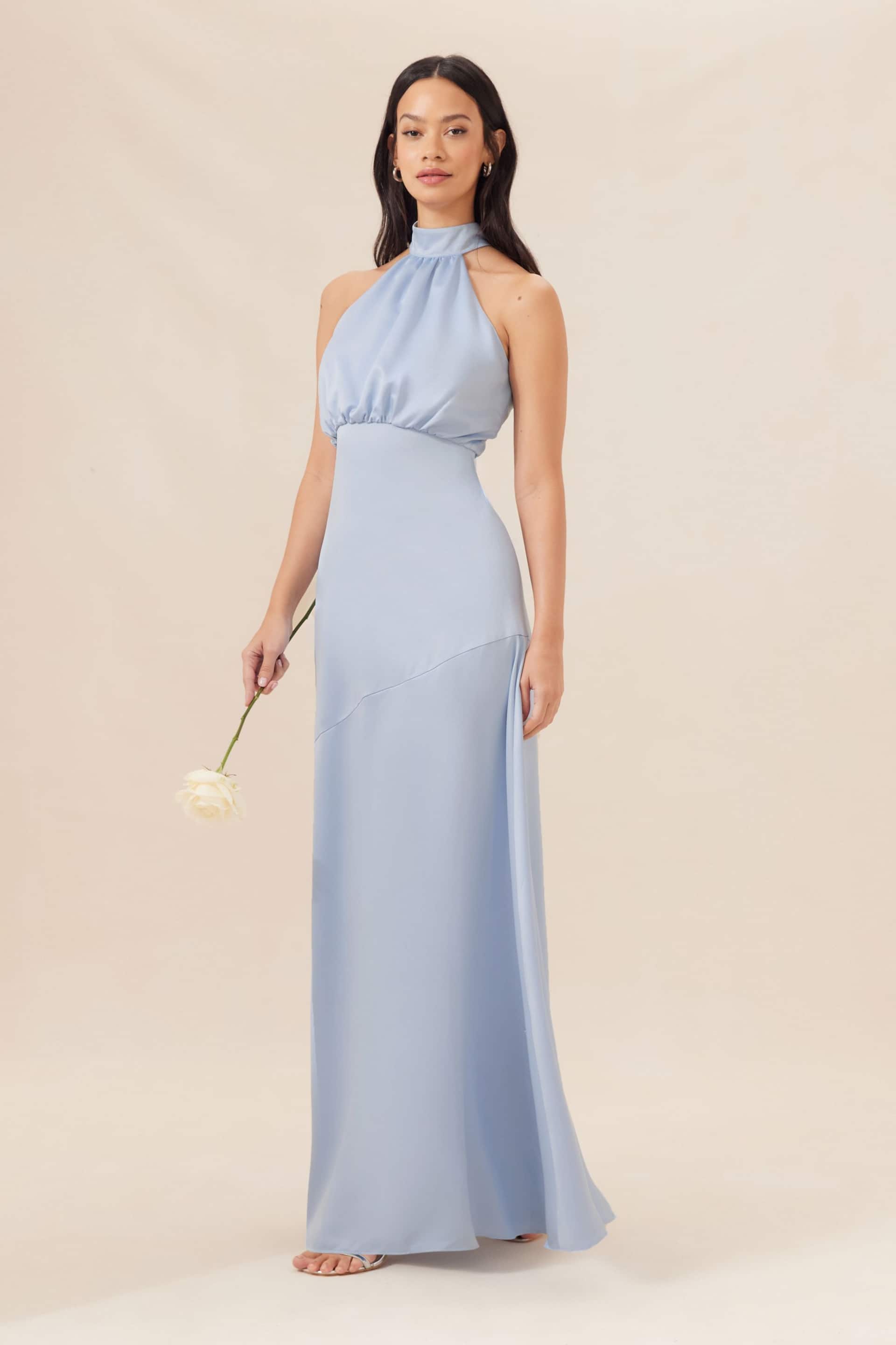 Lipsy Blue Halter Neck Empire Bridesmaid Satin Maxi Dress - Image 1 of 4