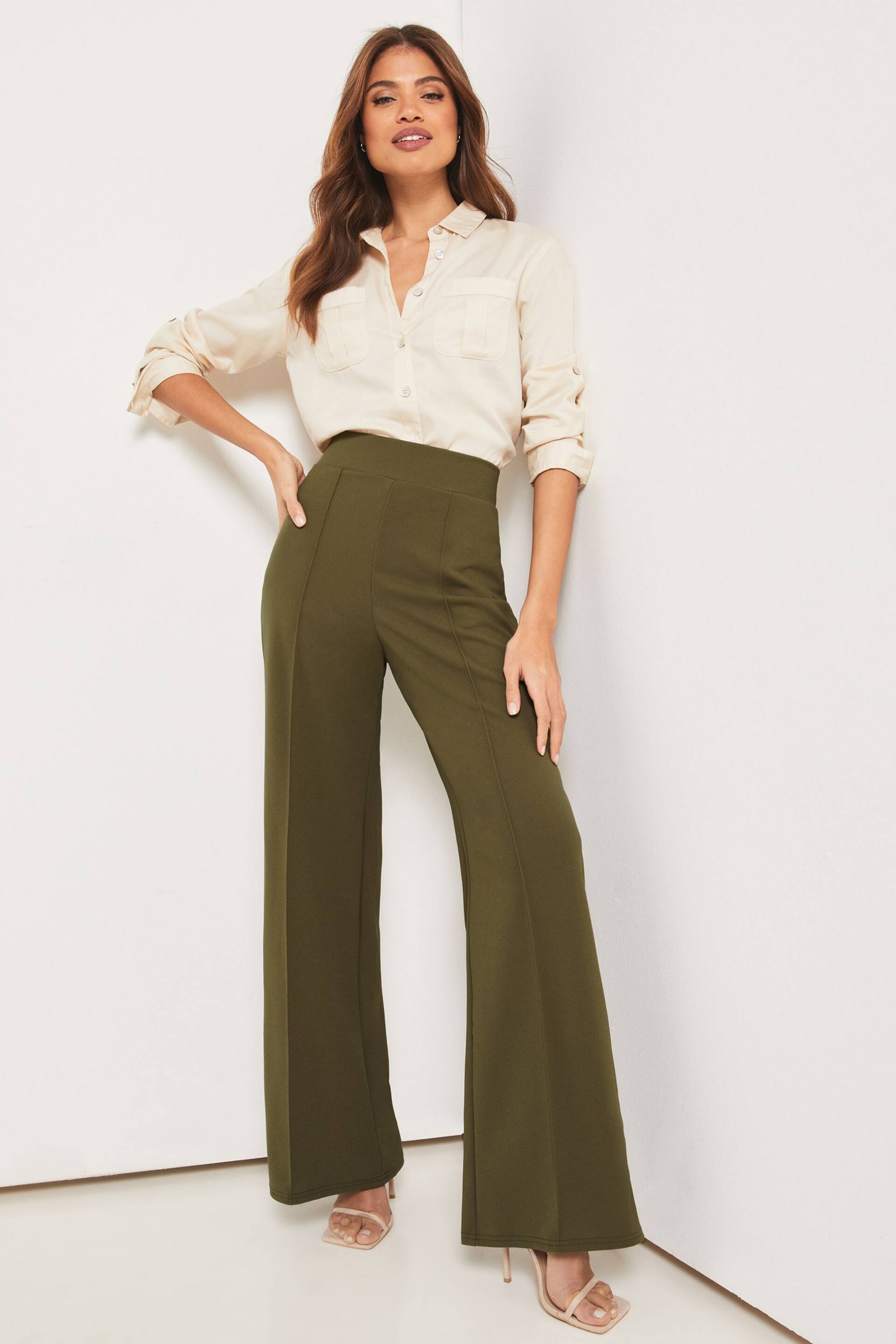 Lipsy Khaki Green Twill High Waist Wide Leg Tailored Trousers - Image 3 of 4