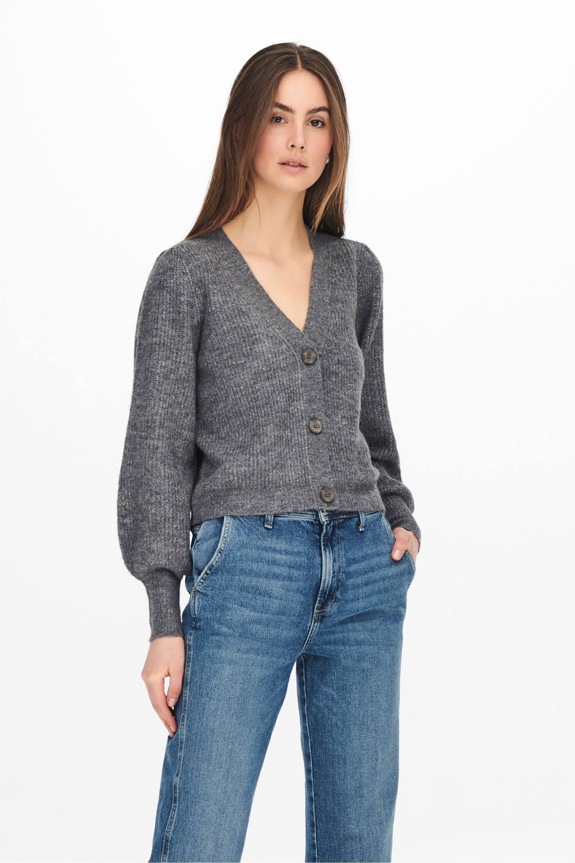 JDY Grey Soft Touch Puff Sleeve Cardigan Jumper - Image 3 of 5