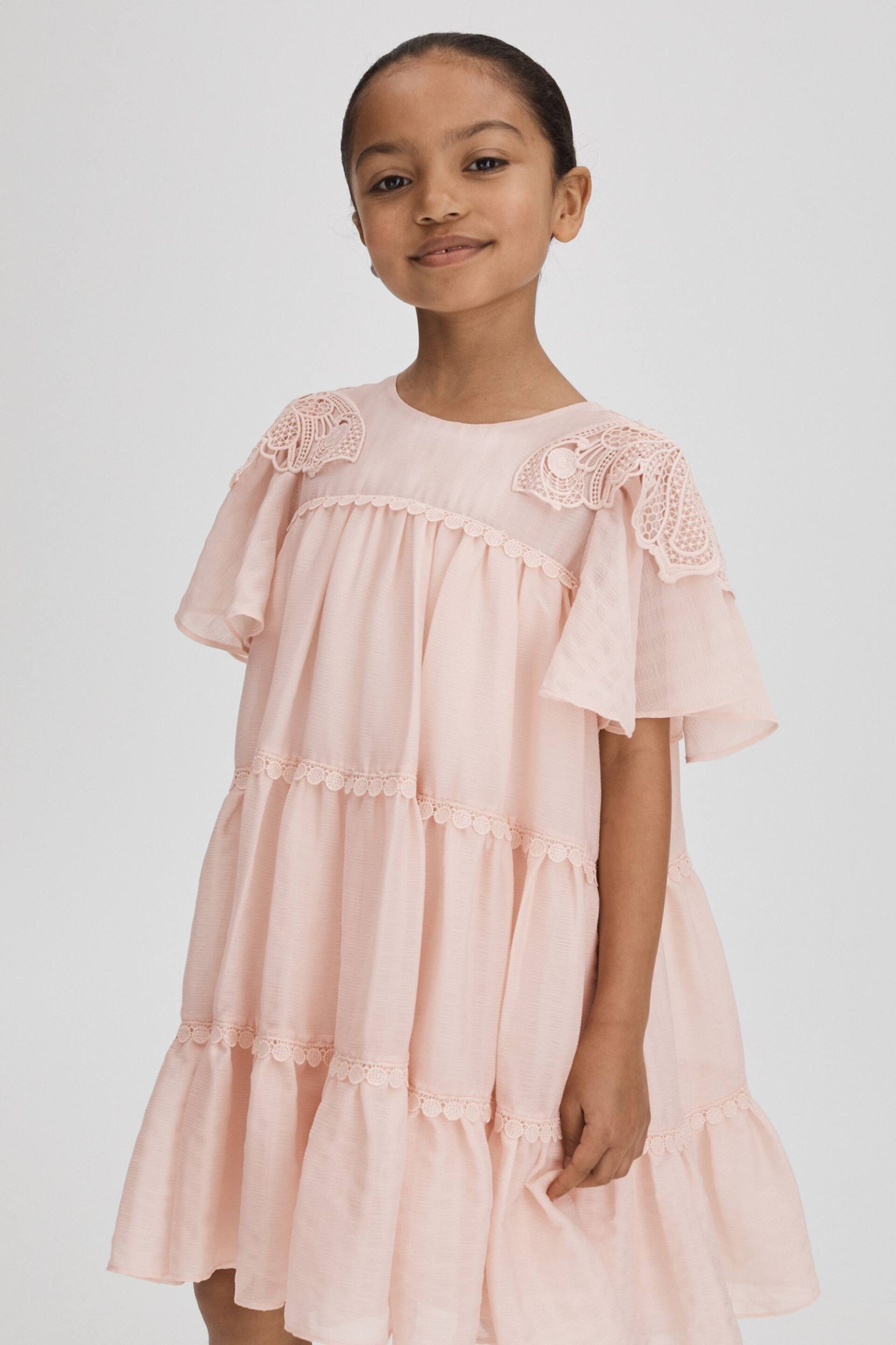 Reiss Pink Leonie Senior Tiered Embroidered Dress - Image 1 of 6