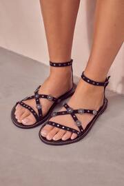 Black Leather Studded Flat Sandals - Image 4 of 9