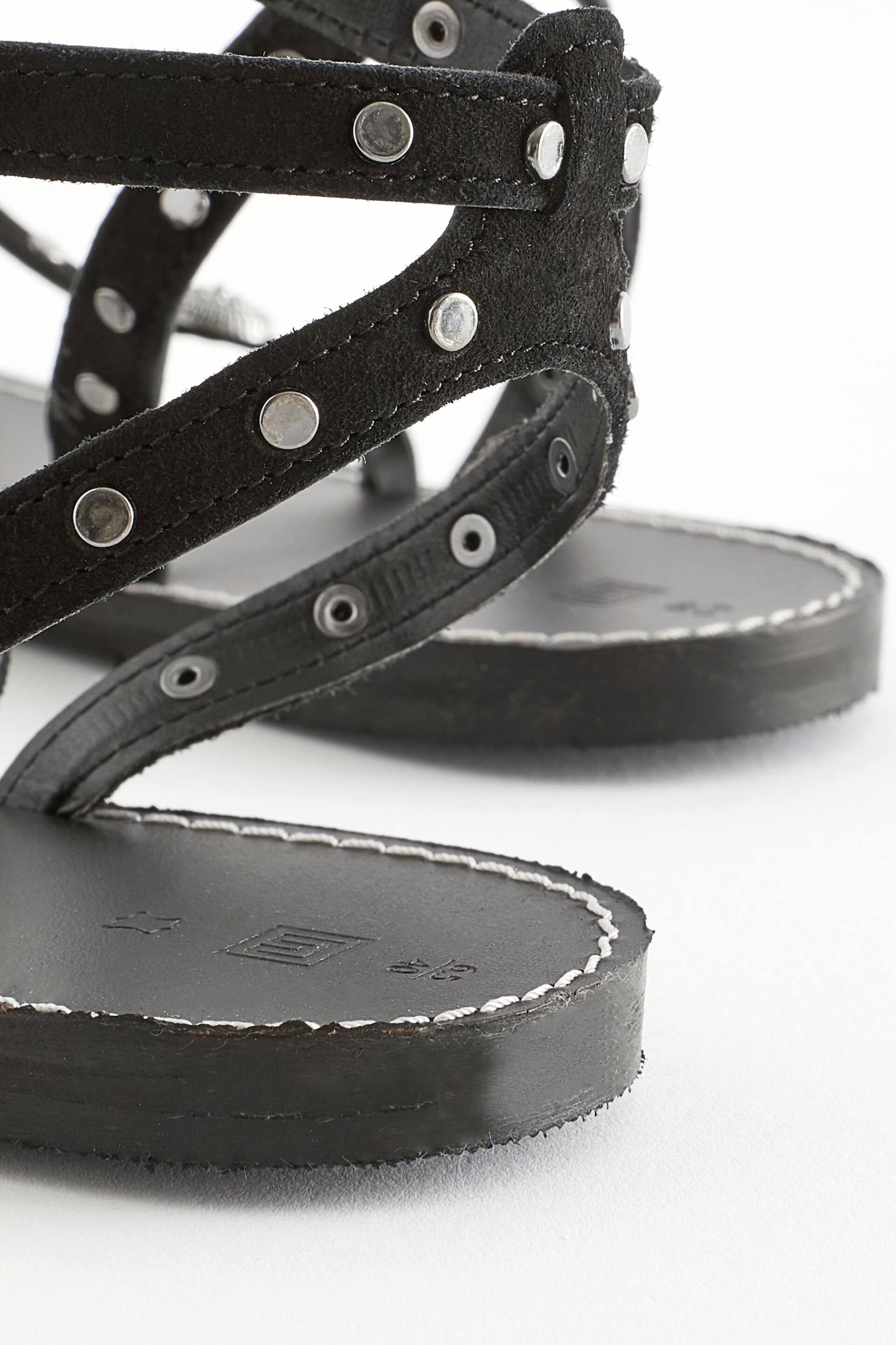 Black Leather Studded Flat Sandals - Image 7 of 9