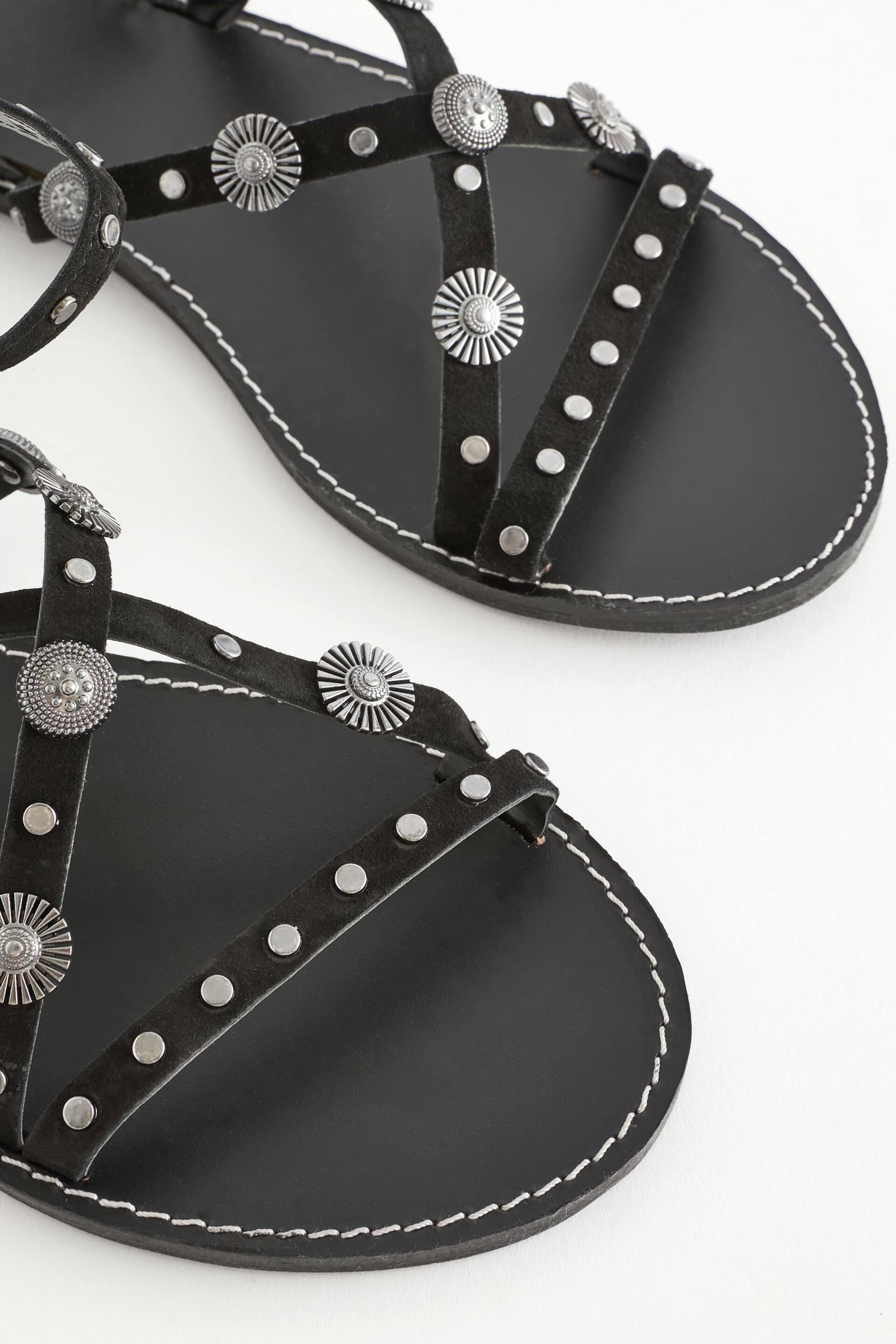 Black Leather Studded Flat Sandals - Image 8 of 9