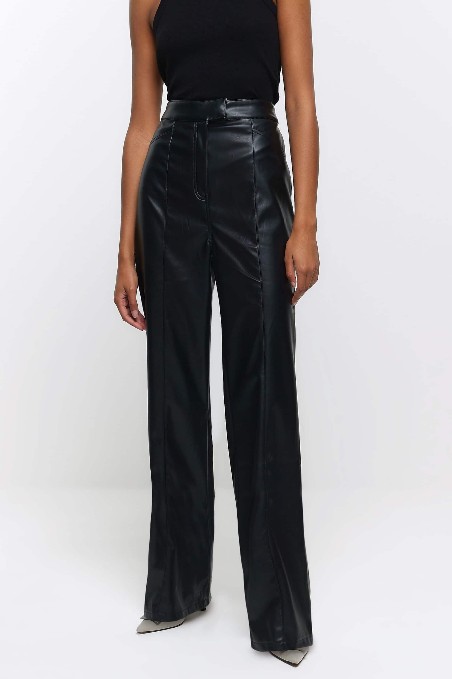 River Island Black High Rise Straight Leg Coated Trousers - Image 1 of 5
